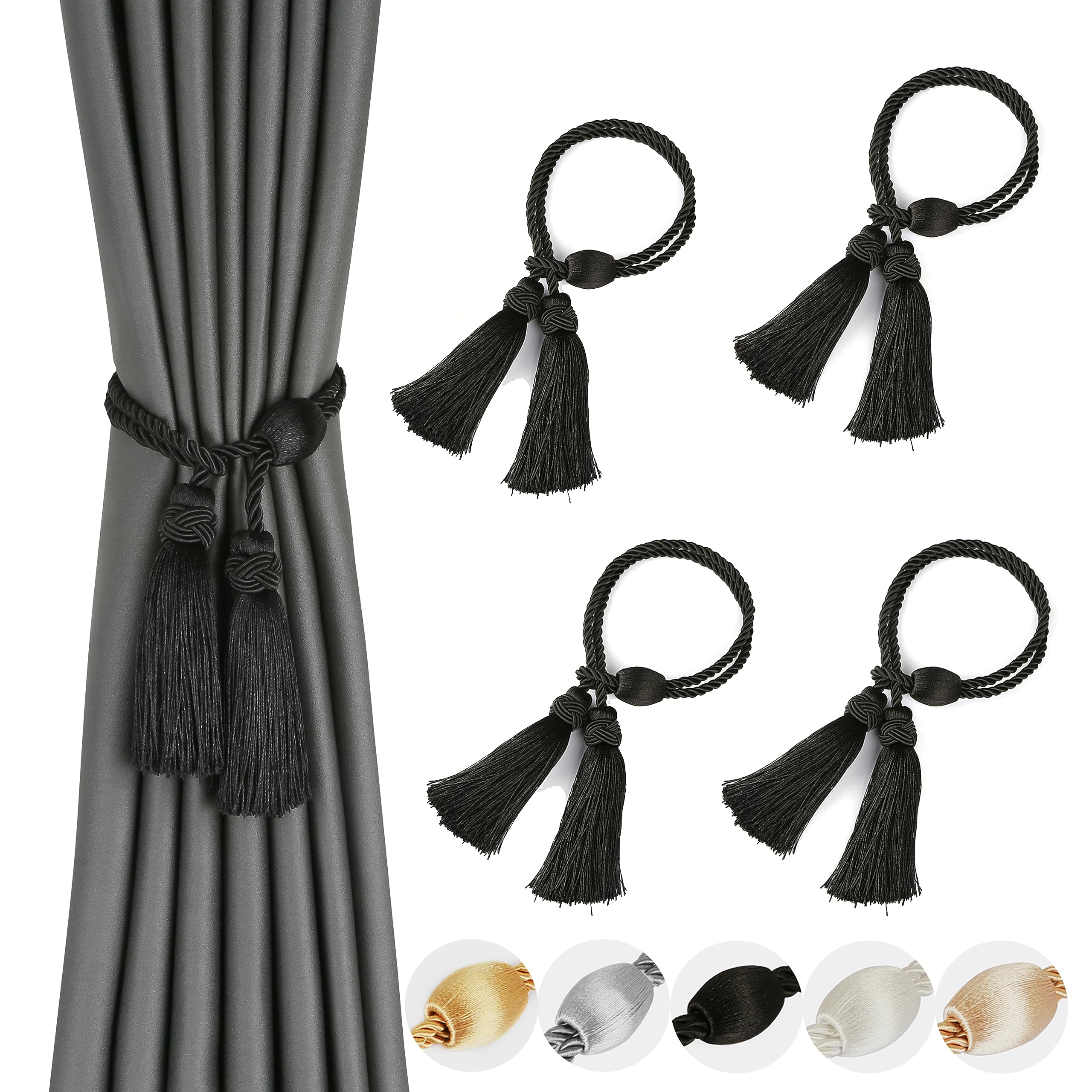 Tassel Curtain Tiebacks， Curtain Tiebacks Braided Rope With Tassel Multicolor 4 Pack(Black)