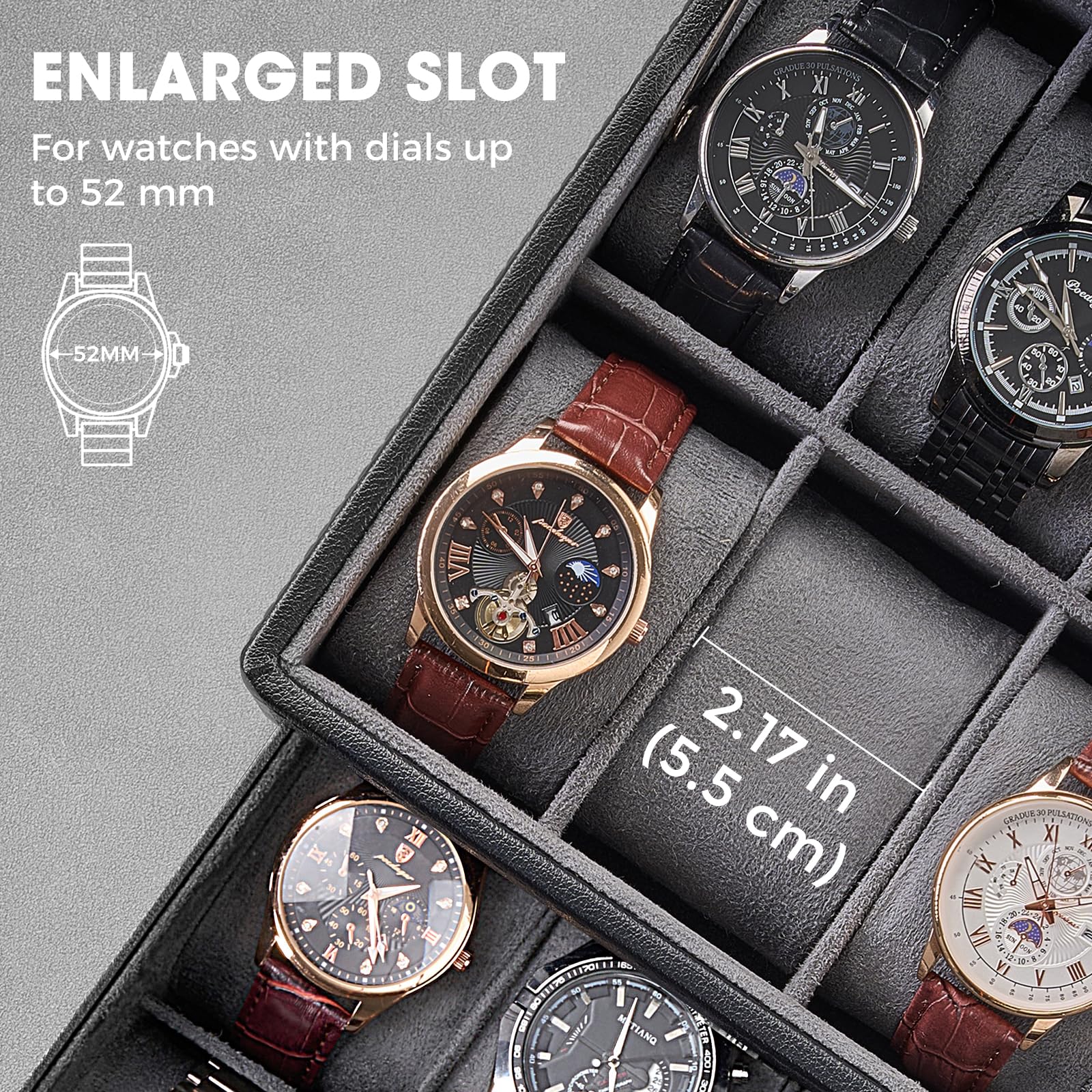 Caja para Relojes para Hombre, Organizador de Joyas con cajón, Estuche de exhibición con Tapa de Cristal - Negro, 16 Ranuras