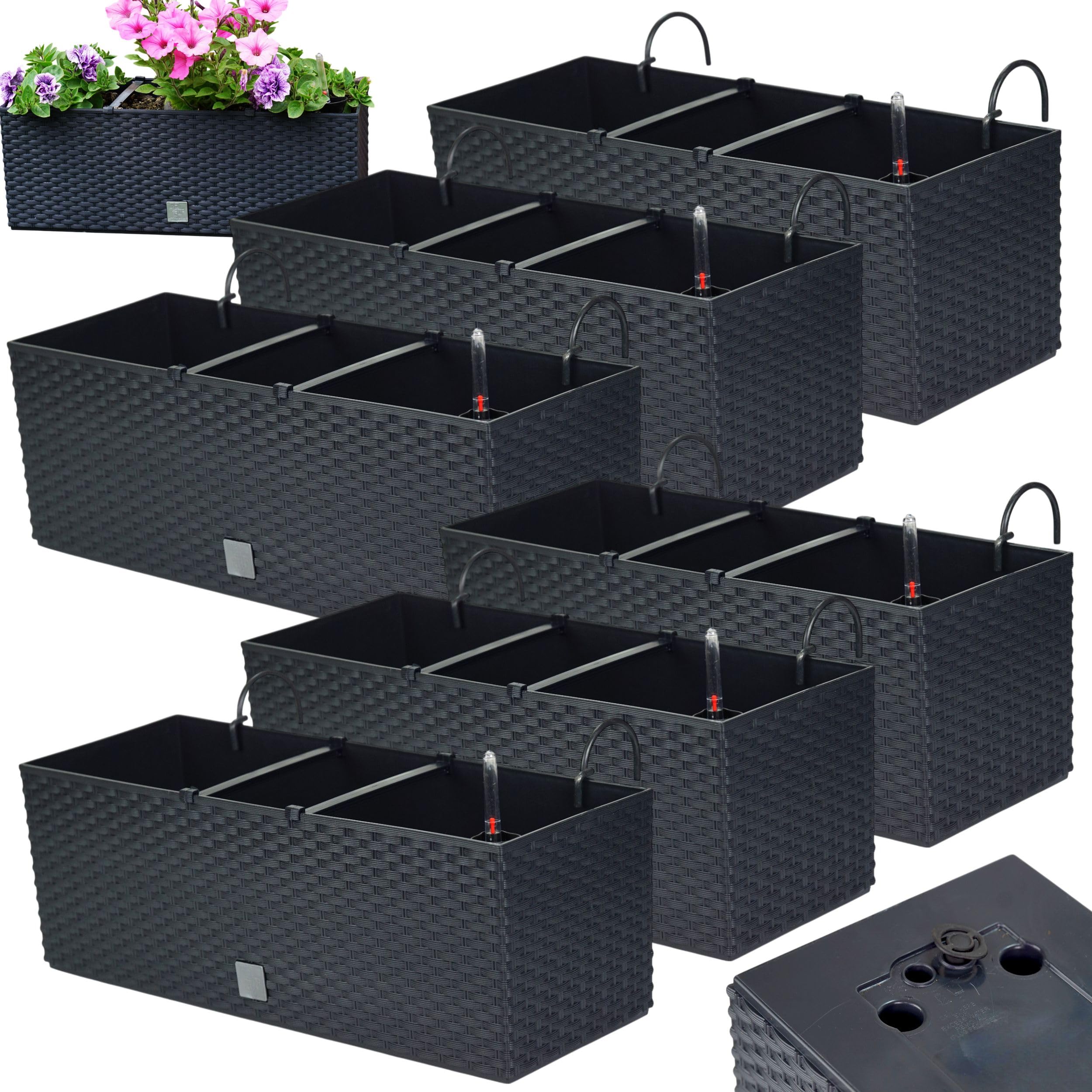 Blumenkasten Balkon Set 6 X 51x19x18,5 cm | Balkonkasten in Rattanoptik | Pflanzkasten mit Griff, Halterungen und Bewässerungssystem | Blumentöpfe für Terrasse | Pflanzkübel in edlem Design |Anthrazit