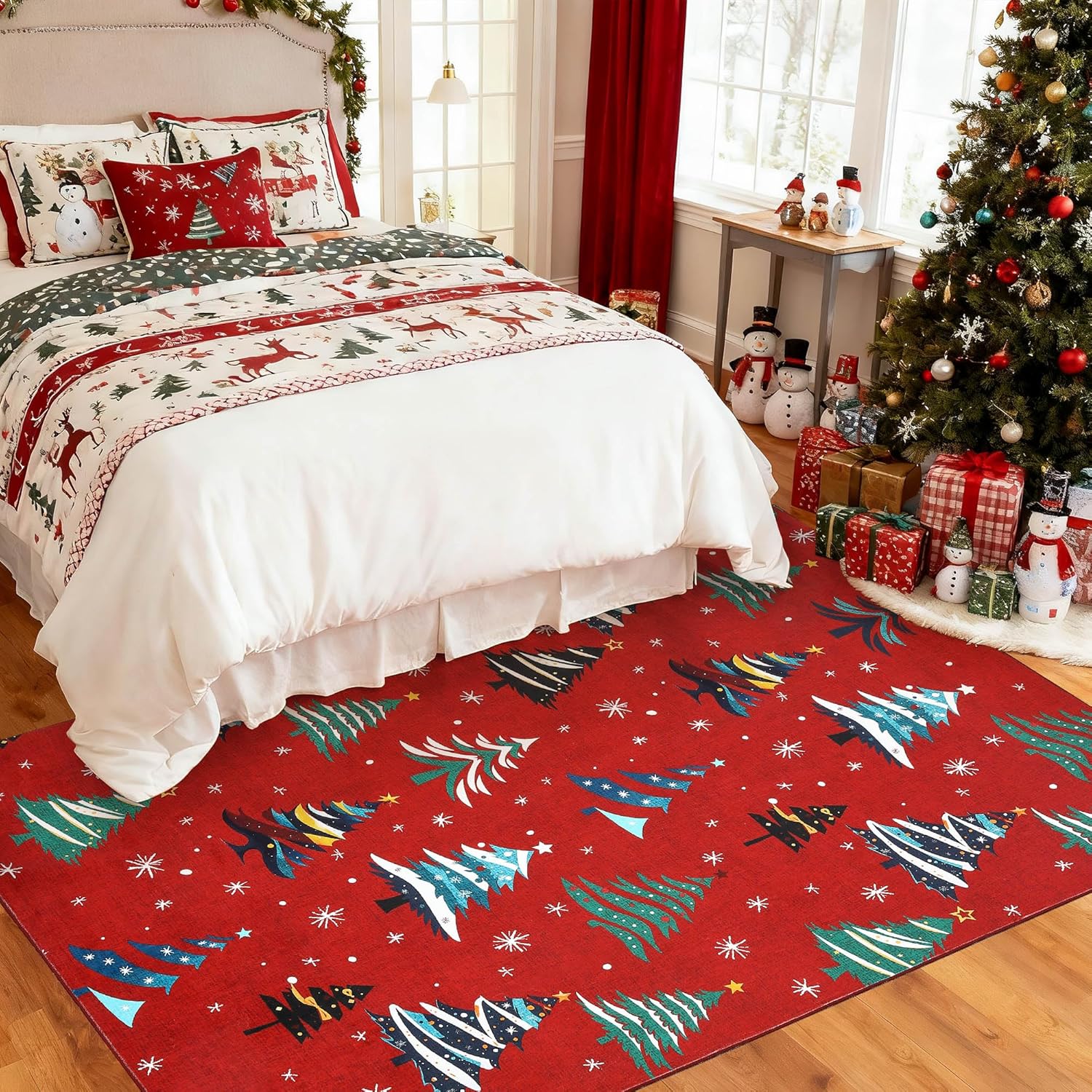 GarveeHome Red 6x9 Area Rugs for Living Room, Washable Rug for Home Decor, Indoor Non Slip Carpet, Soft Low Pile Christmas Rug with Xmas Tree Motif for Bedroom, Dining Room