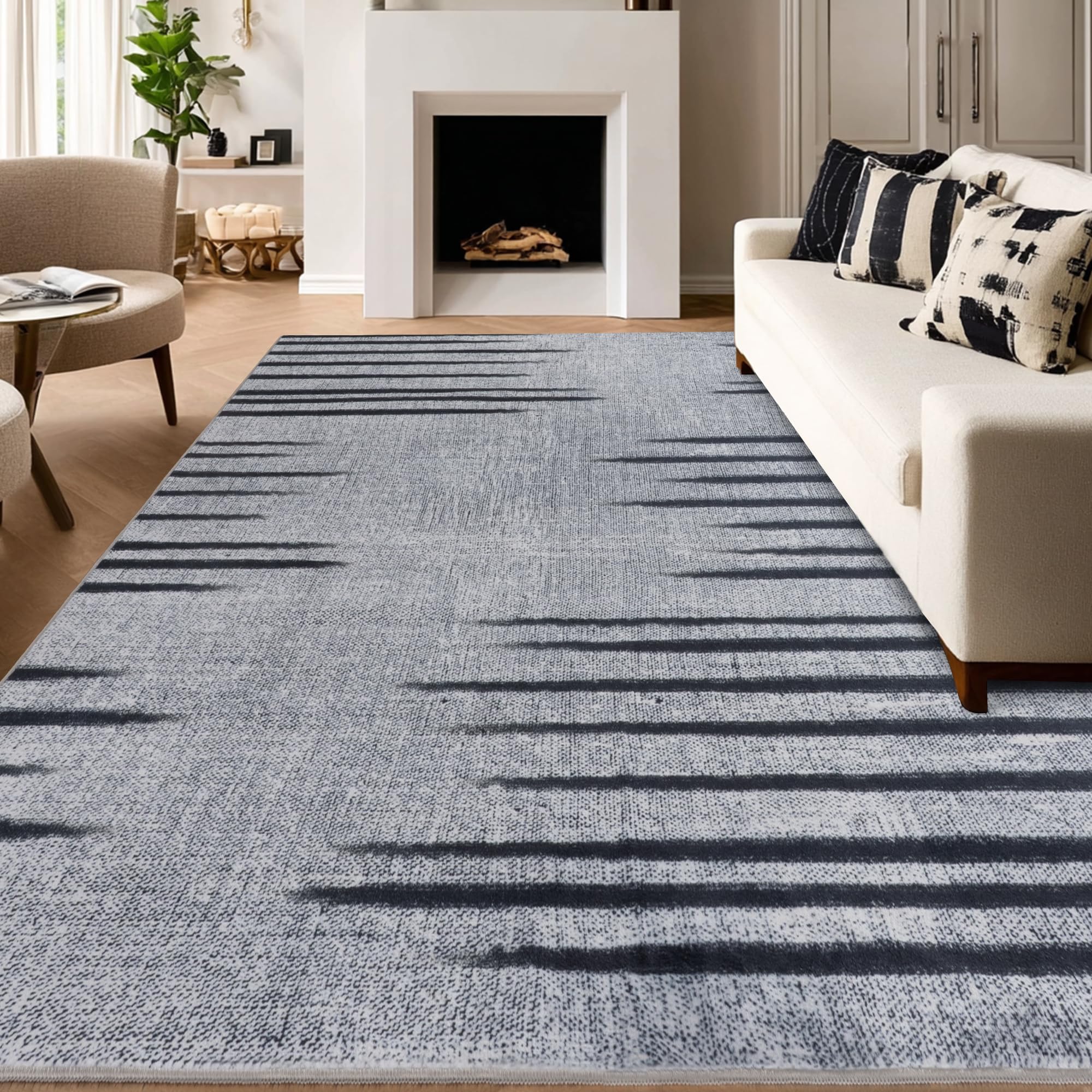 Calinline Teppich Grau, Moderne Abstraktem Linien Muster Wohnzimmerteppich, Kurzflor Schlafzimmer Wohnzimmer, 200x300 cm Waschbare Teppiche, Groß Esszimmer Carpet Wollteppich Weich