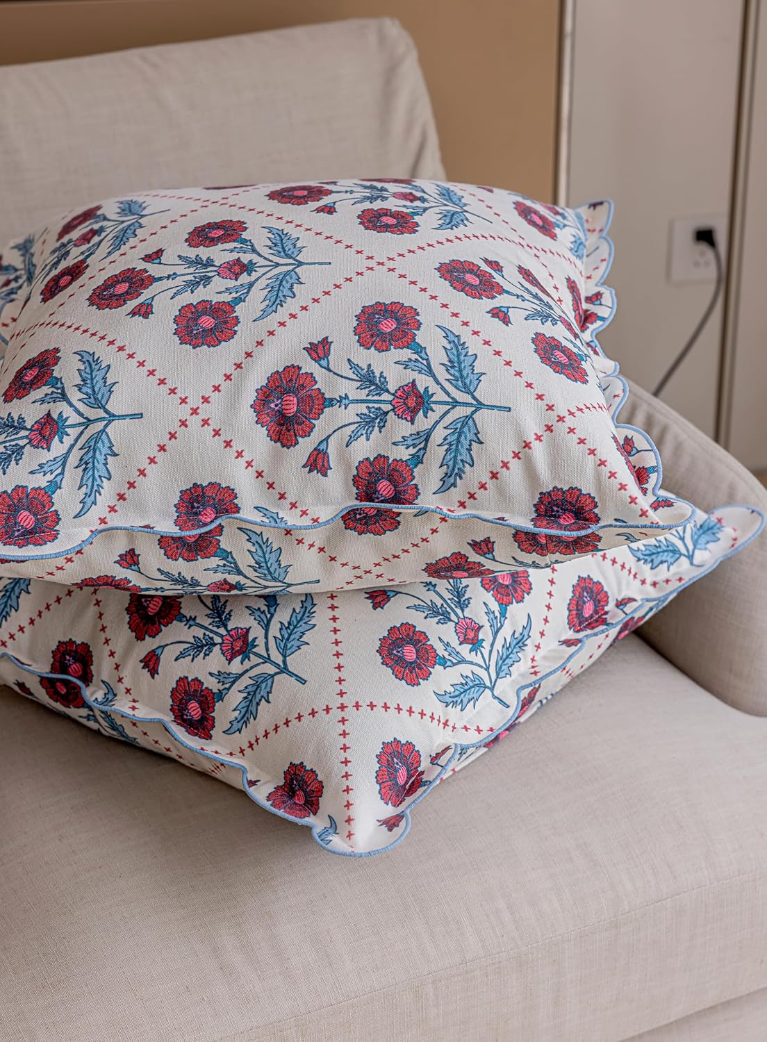 DrapePalette - Scalloped Throw Pillow Covers with Block Print Floral Patterns and Hidden Zipper - Crimson, 20 x 20 Inches Pack of 1 - Soft Indoor Pillow Case for Livingroom, Bedroom, or Lounge