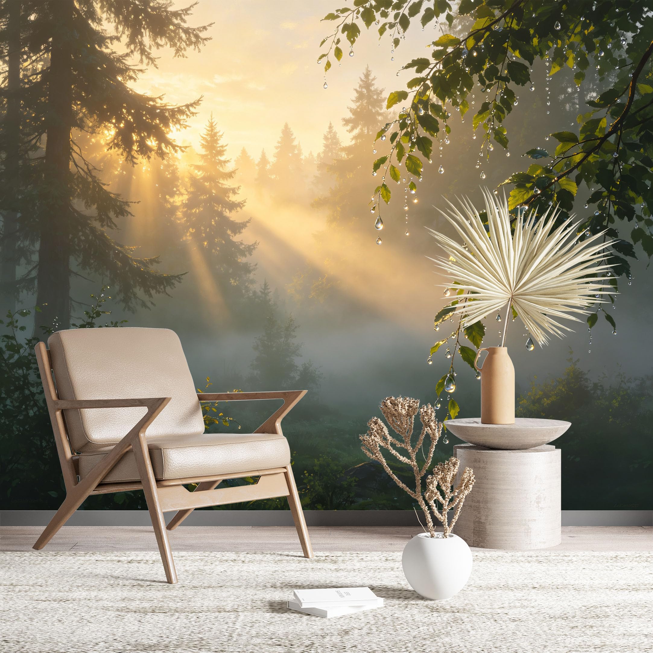 Custom Size Wall Murals Misty Forest Morning Light Self-Adhesive Wall Fabric (NO PVC) Removable Wallpaper for Living Room Home Decor