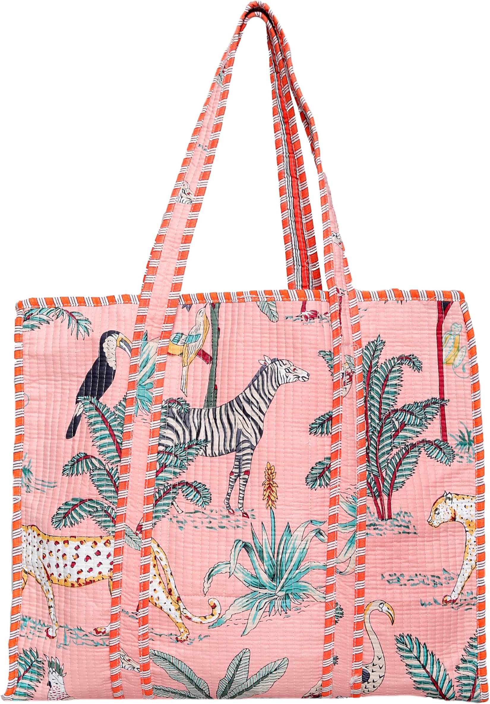Quilted Cotton Tote Bag for Women, 18 Inch Lightweight Shoulder Bag with Inner Pocket, Soft Washable Travel Shopping