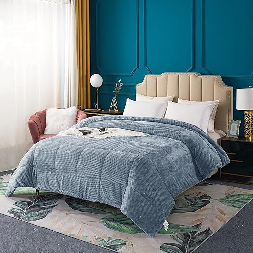 Miniatura 4 de KASENTEX - Lujoso edredón de sherpa de pelo sintético, acogedora ropa de cama reversible apta para lavar a máquina, en color azul grisáceo, tamaño