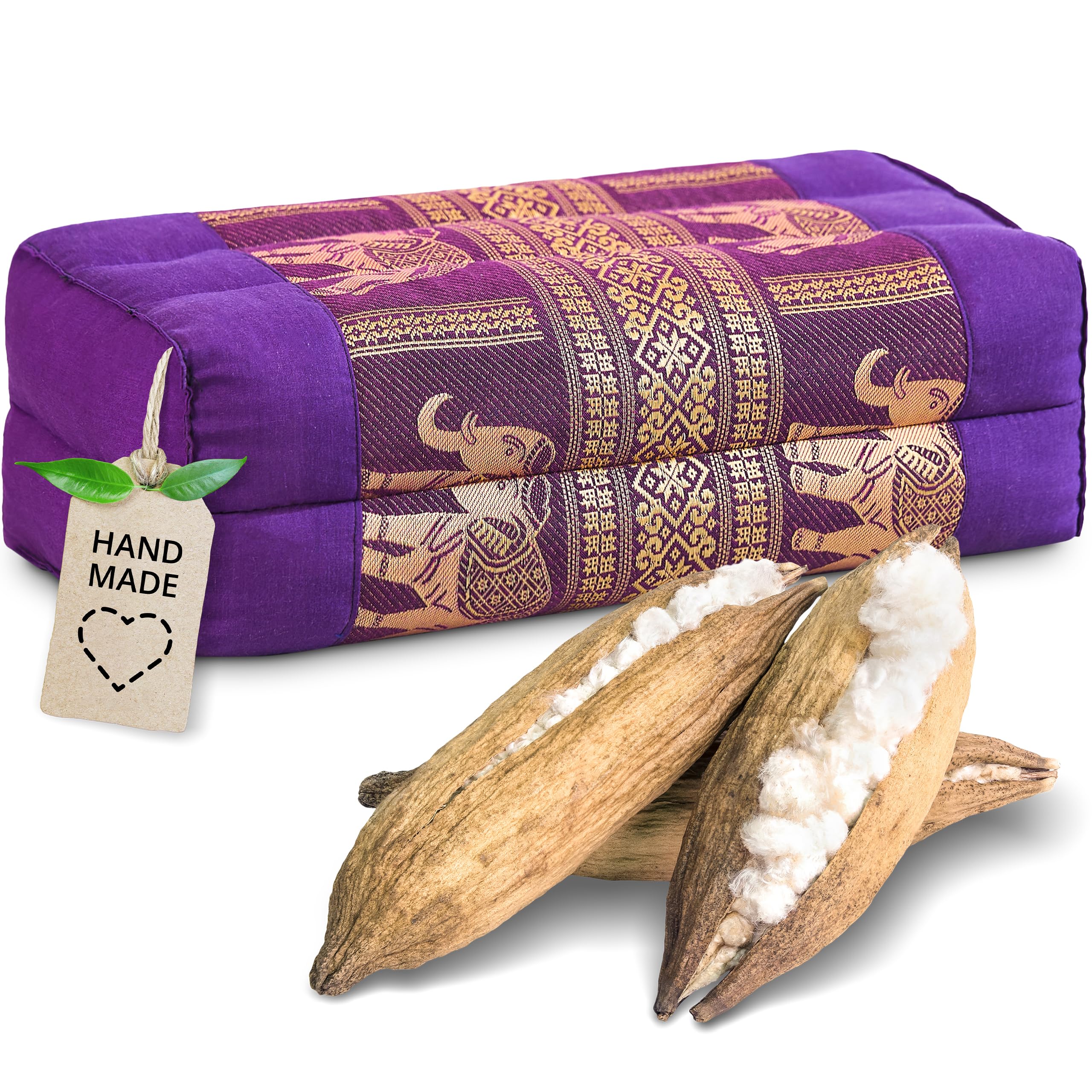 livasia block yoga cushion square-cut Thai silk - 7x13x5″ - Meditation cushion kapok, Rectangular bolster, Yoga Pilates accessory neck cushion, Thai cushion hand made (Purple/Elephants, Silk) — image 1