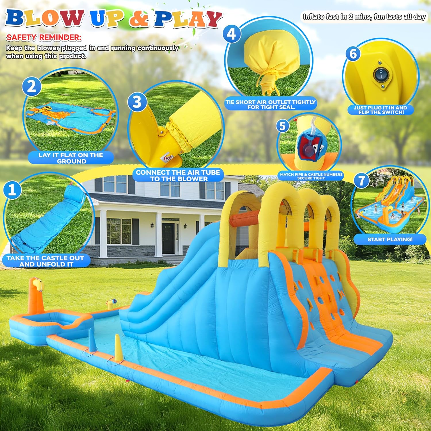 Large Inflatable Water Slide Park, 12.8*22.6*8.3ft Triple Lane Water Slides with Climbing Wall, Deep Pool, Splash Pool, Water Cannon, Ring Toss, Backyard Water Park for Big Kids 3-10yr, 650W Blower