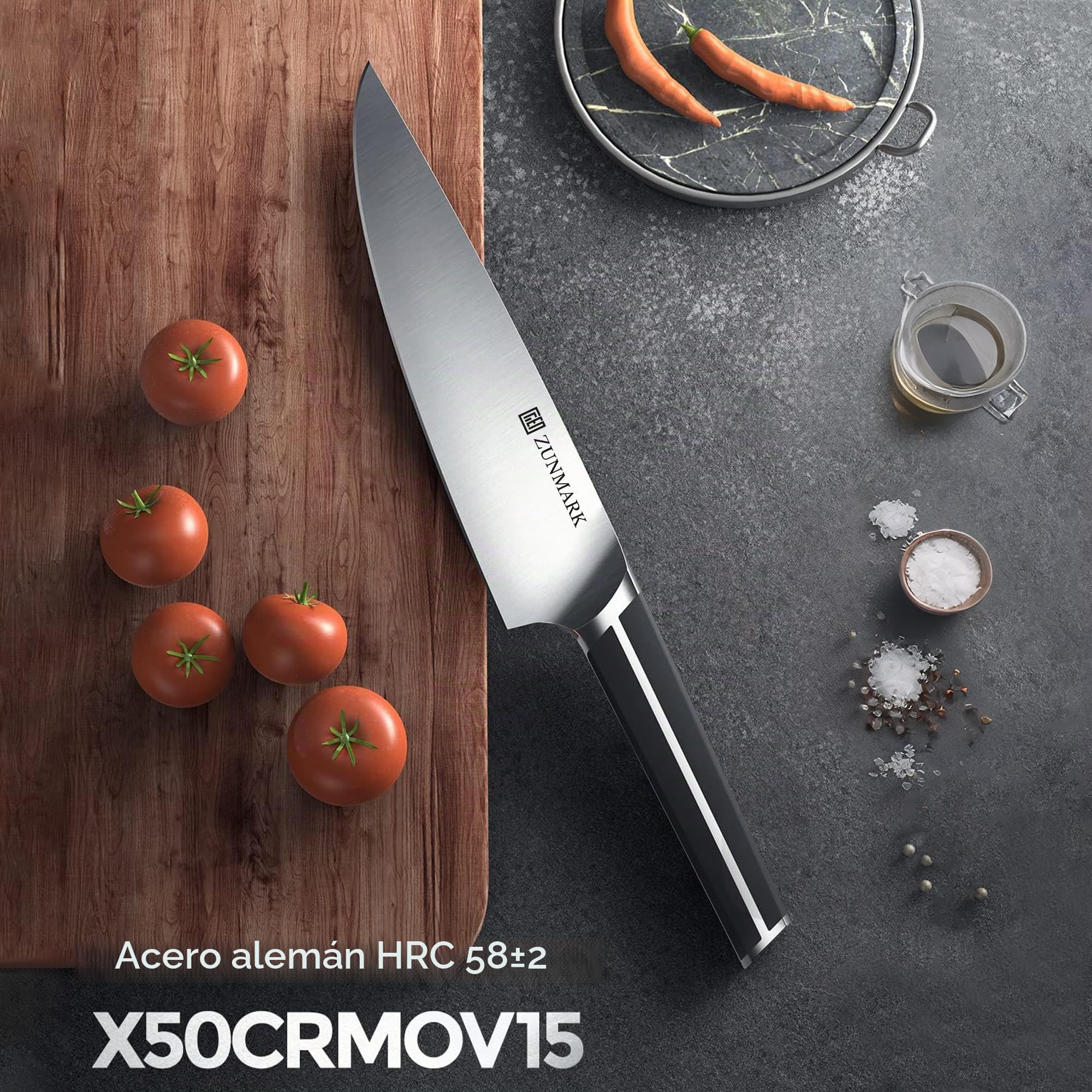 Juego de cuchillos de 15 piezas con bloque de cuchillos, juego de cuchillos de cocina con bloque de madera, cuchillo alemán de acero al carbono X50CrMoV15 con cuchillo de chef
