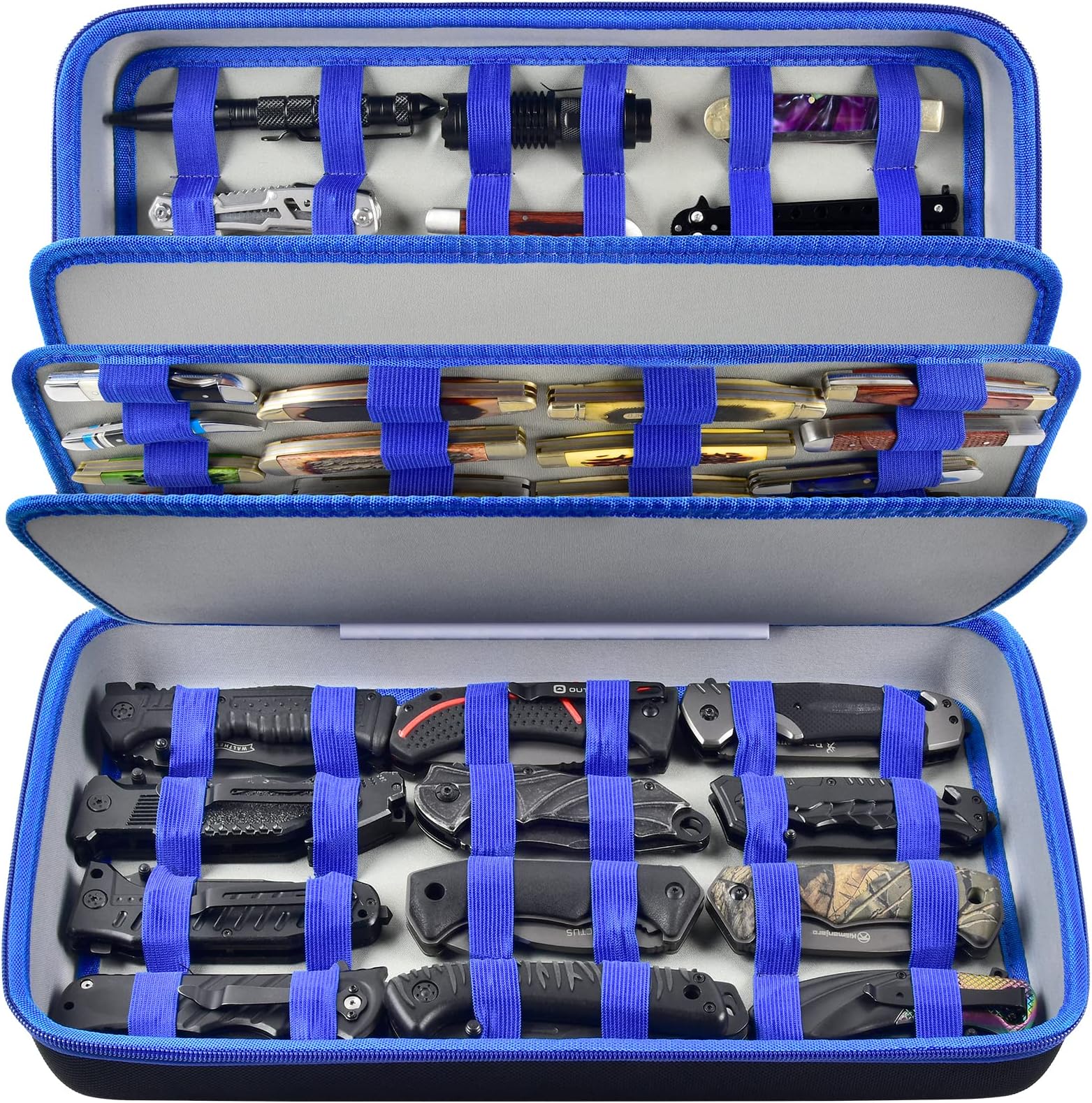 Knife Display Case for 66+ Pocket Knives, Butterfly Knife Storage Box, Folding Knives Organizer Holder, Knives Collection Protector for Survival, Tactical, Outdoor, EDC Mini Knife (Bag Only) - Blue