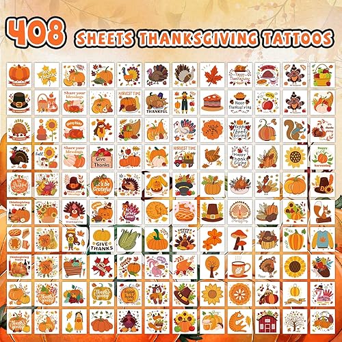 Miniatura 2 de EMOME 408 calcomanías de tatuaje temporales de Acción de Gracias envueltas individualmente para niños, tatuajes de otoño a granel para suministros