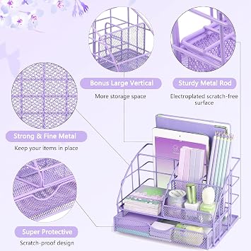 Purple Desk Organizers and Accessories, Purple Office Supplies with Mesh Desk Organizer, Acrylic Tape Dispenser and Stapler, Staples, Ballpoint Pen, Clips Set, Ruler, Scissor, Sticky Labels