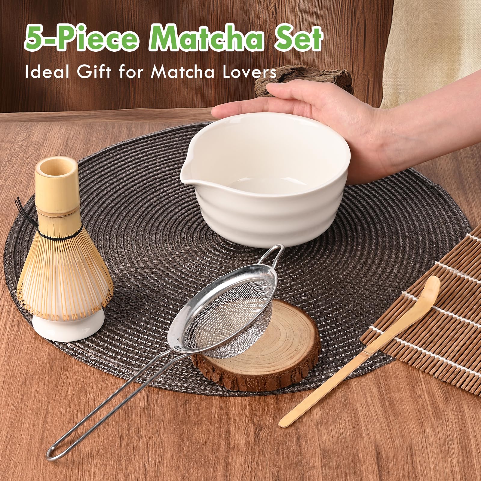 5 pezzi Bianco Matcha Kit Matcha Whisk Set Frusta al Matcha per la Preparazione del tè matcha, Ottimo per la Casa, l'ufficio e la Sala da Tè