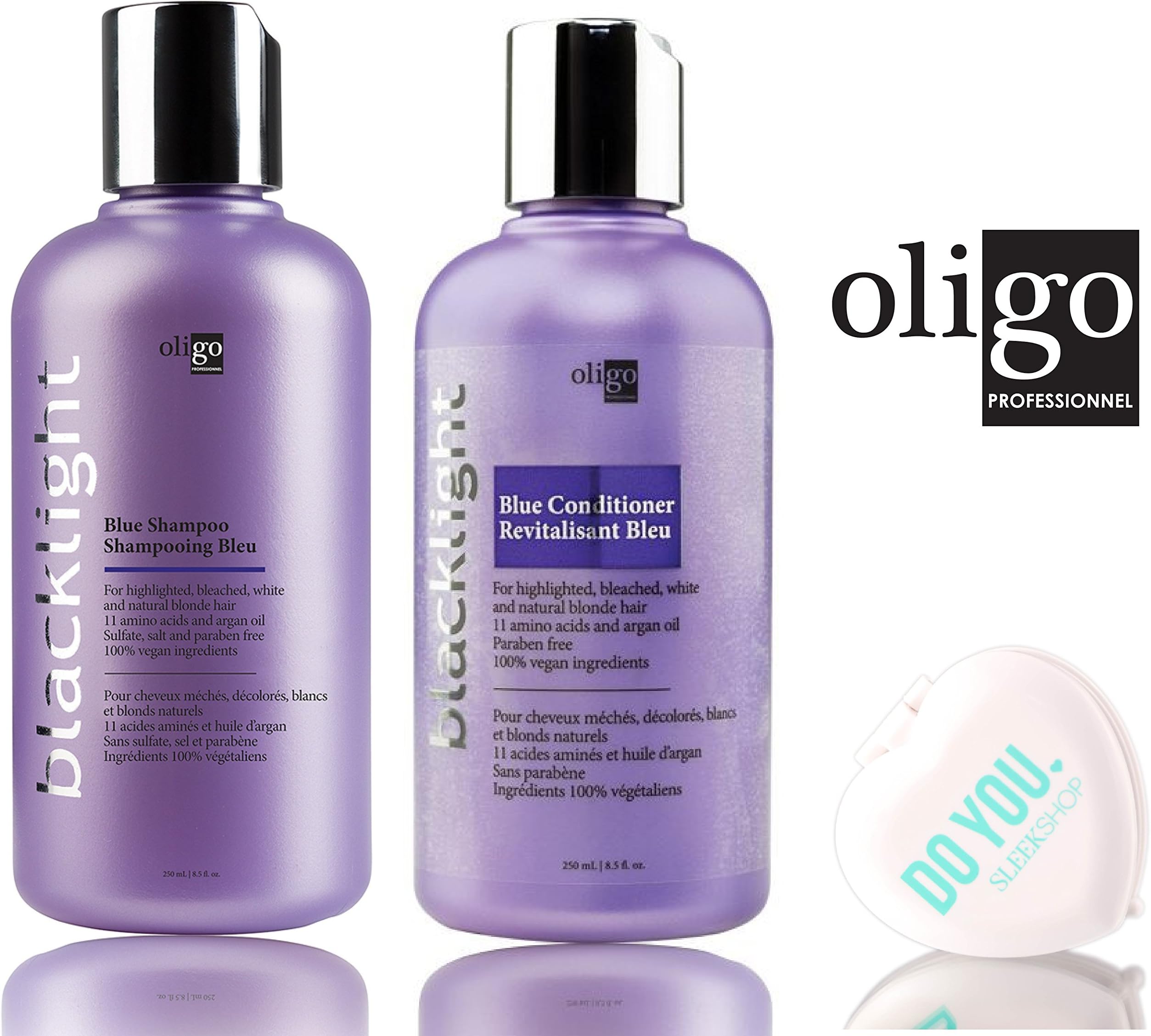 Oligo Blacklight Blue Shampoo & Conditioner DUO Set - Professional Formula for highlighted, bleach, white, and natural blonde hair (with Sleek Compact Mirror) (8.5 oz / 250ml - retail DUO)
