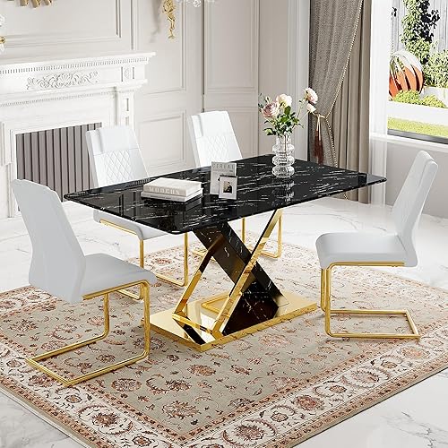 Miniatura 29 de Juego de mesa de comedor de mármol para mesa rectangular blanca de 6.63 pulgadas con marco de metal plateado en forma de X y 6 sillas de comedor de