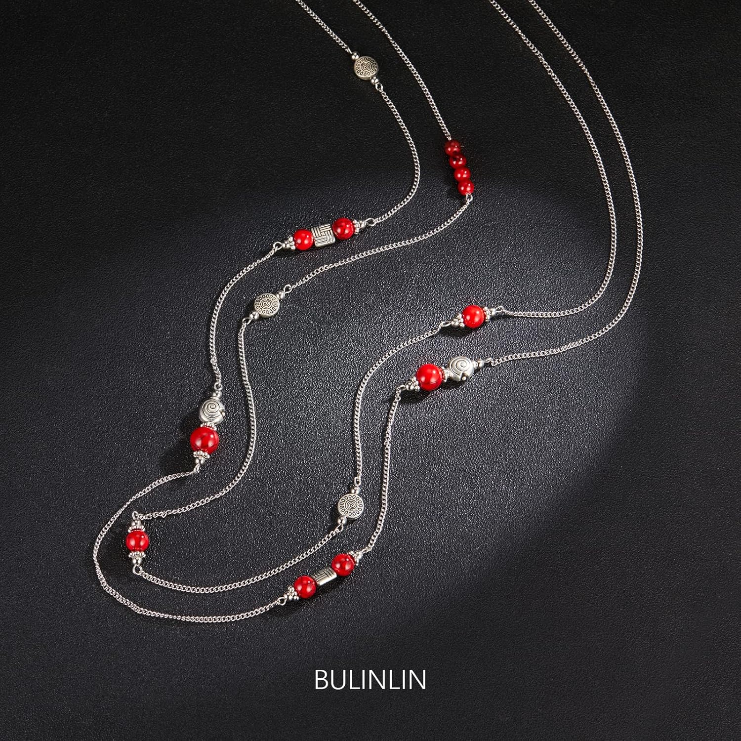 BULINLIN Layered Silver Long Necklace for Women Turquoise Stone Beaded Strand Sweater Chain Necklaces Fashion Costume Jewelry Gifts for Mom - Image 2