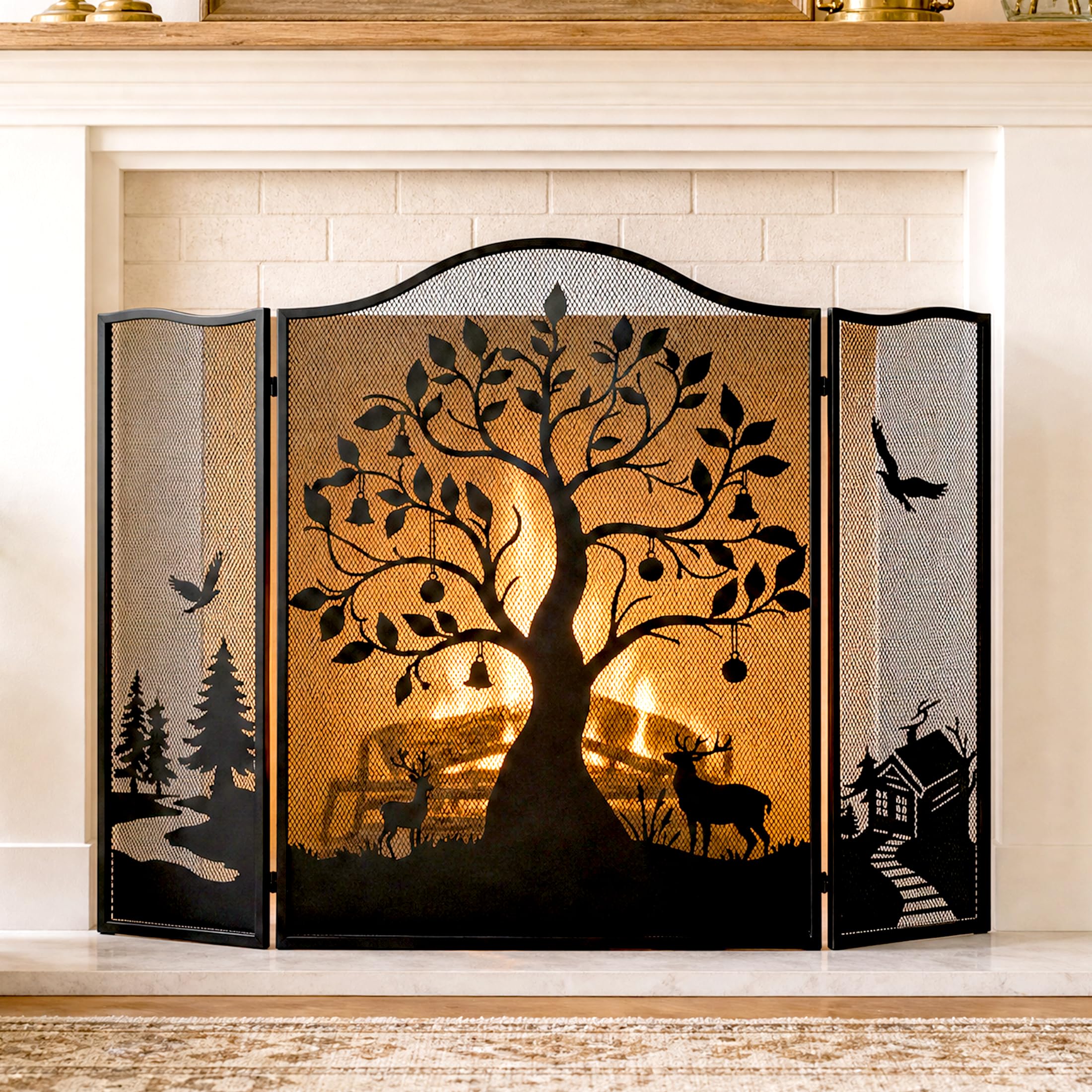 50" x 36" 3-Panel Fireplace Screen, Tree Pattern Fire Guard, Rustic