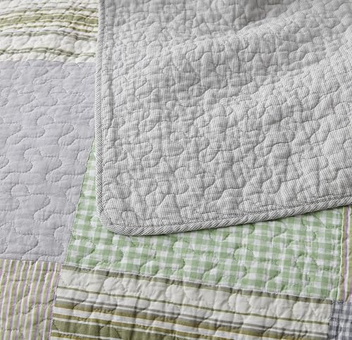 Vista 37 de Chezmoi Collection Samuel Juego de colcha con relleno de cuadros gris pardo, blanco y azul marino, 3 piezas, retales, algodón prelavado, ligero