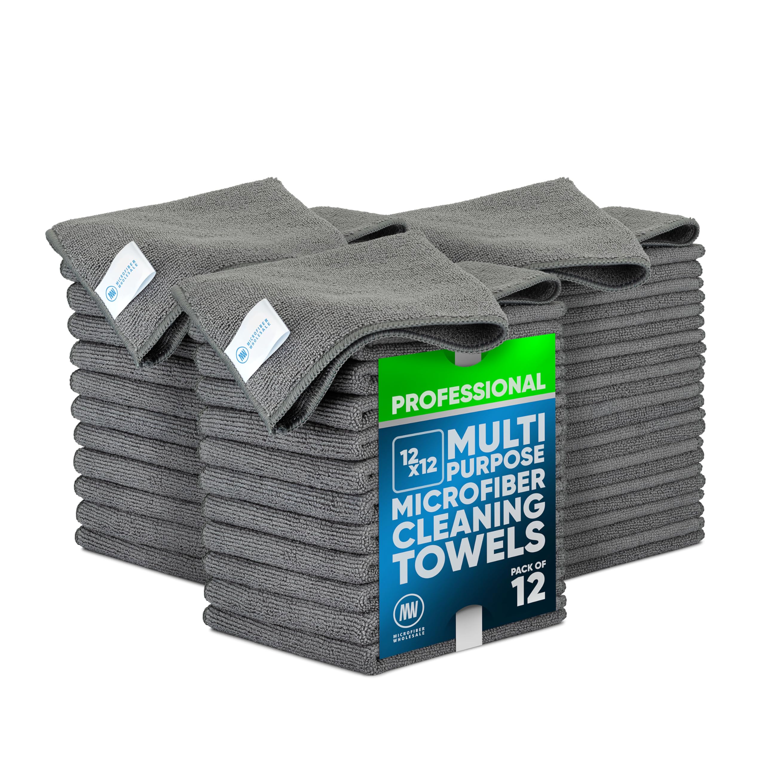 - 12" x 12" MW Pro Multi-Surface Microfiber Cleaning Cloths | Gray - 48 Pack | Premium Microfiber Towels for Cleaning Glass, Kitchens, Bathrooms, Automotive, Supplies & Products