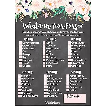 Amazon Com 25 Floral Whats In Your Purse Bridal Wedding Shower Or Bachelorette Party Game Item Cards Engagement Activities Ideas For Couples Funny Flower Rehearsal Dinner Supplies And Decoration Favor For Guests Kitchen
