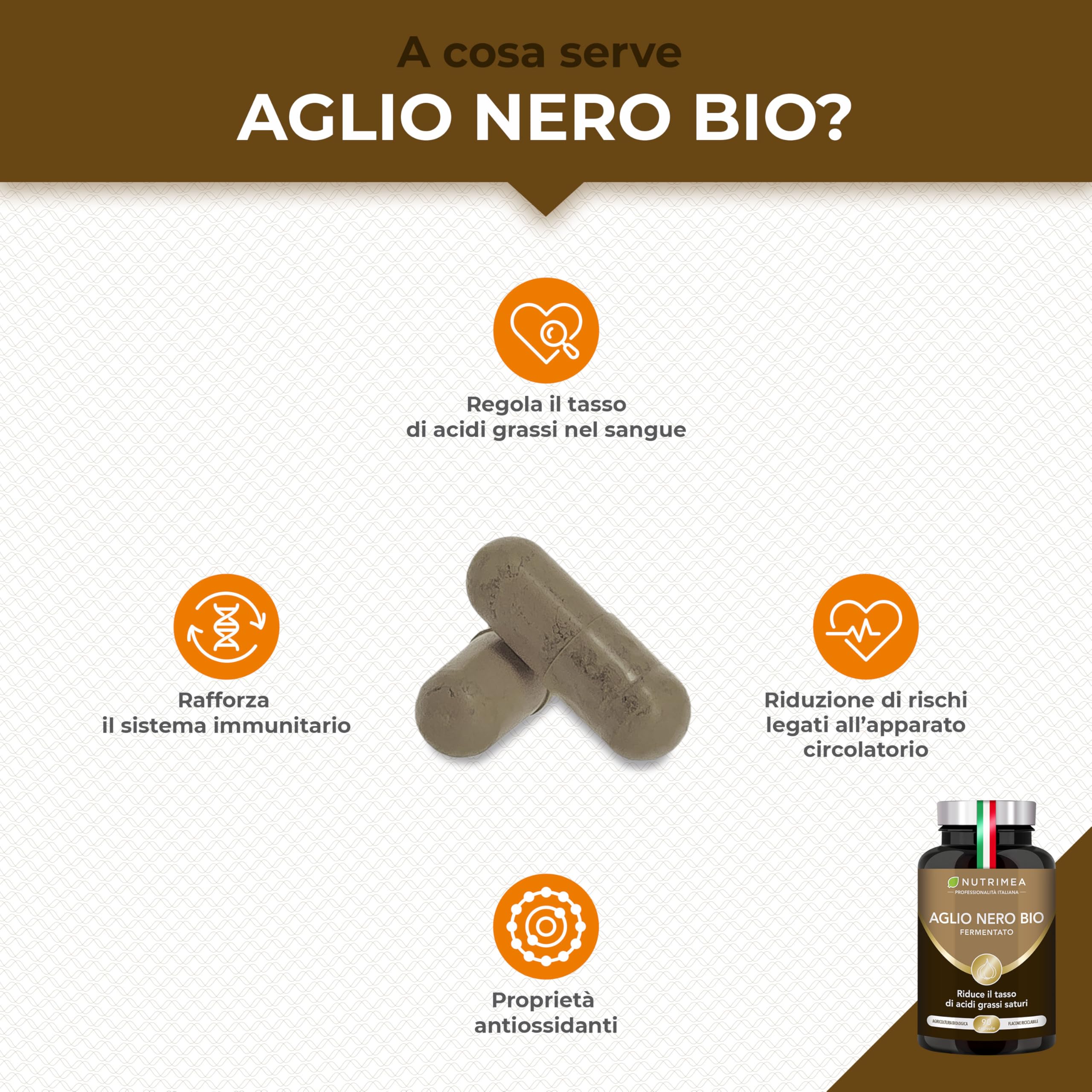 Aglio Nero Fermentato Biologico | Integratore Alimentare | 250 mg | Supporta la Circolazione | Antiossidante Naturale | 90 Capsule | Nutrimea