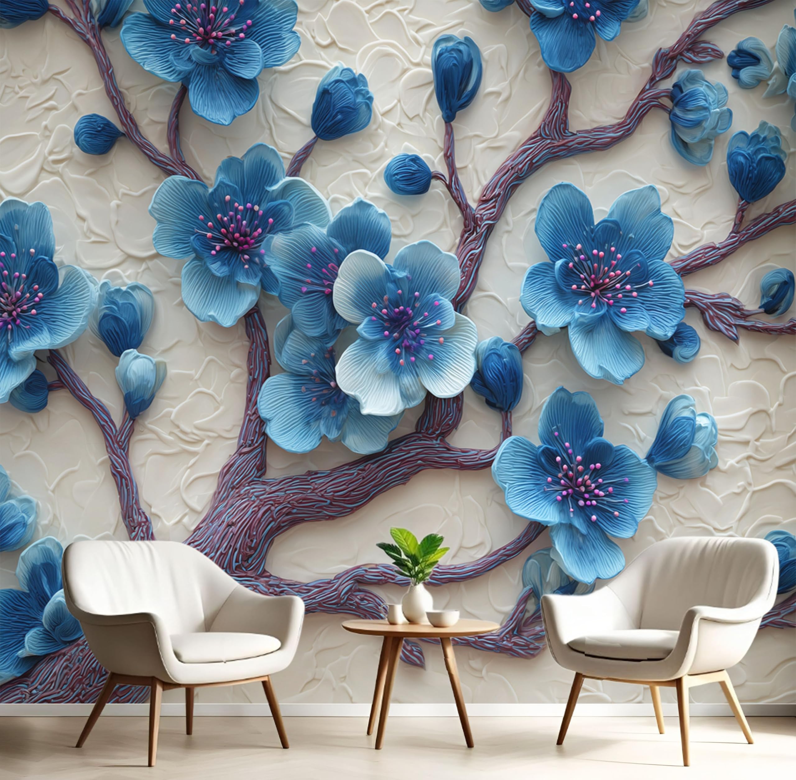 Carta Da Parati Fiori Ciliegio Ramoscelli 400×280cm Wallpaper Carta Da Parati Murale 3D, Rilievo Piante Fotomurali Moderni Per Soggiorno E Camera Da Letto, XXL Decorazione Murale 3D, Bianco