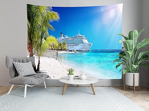 Miniatura 3 de Loccor Tapiz de crucero con diseño de palmera del mar caribeño, coral, playa, tapiz para colgar en la pared, isla tropical, sol, verano, vacaciones,