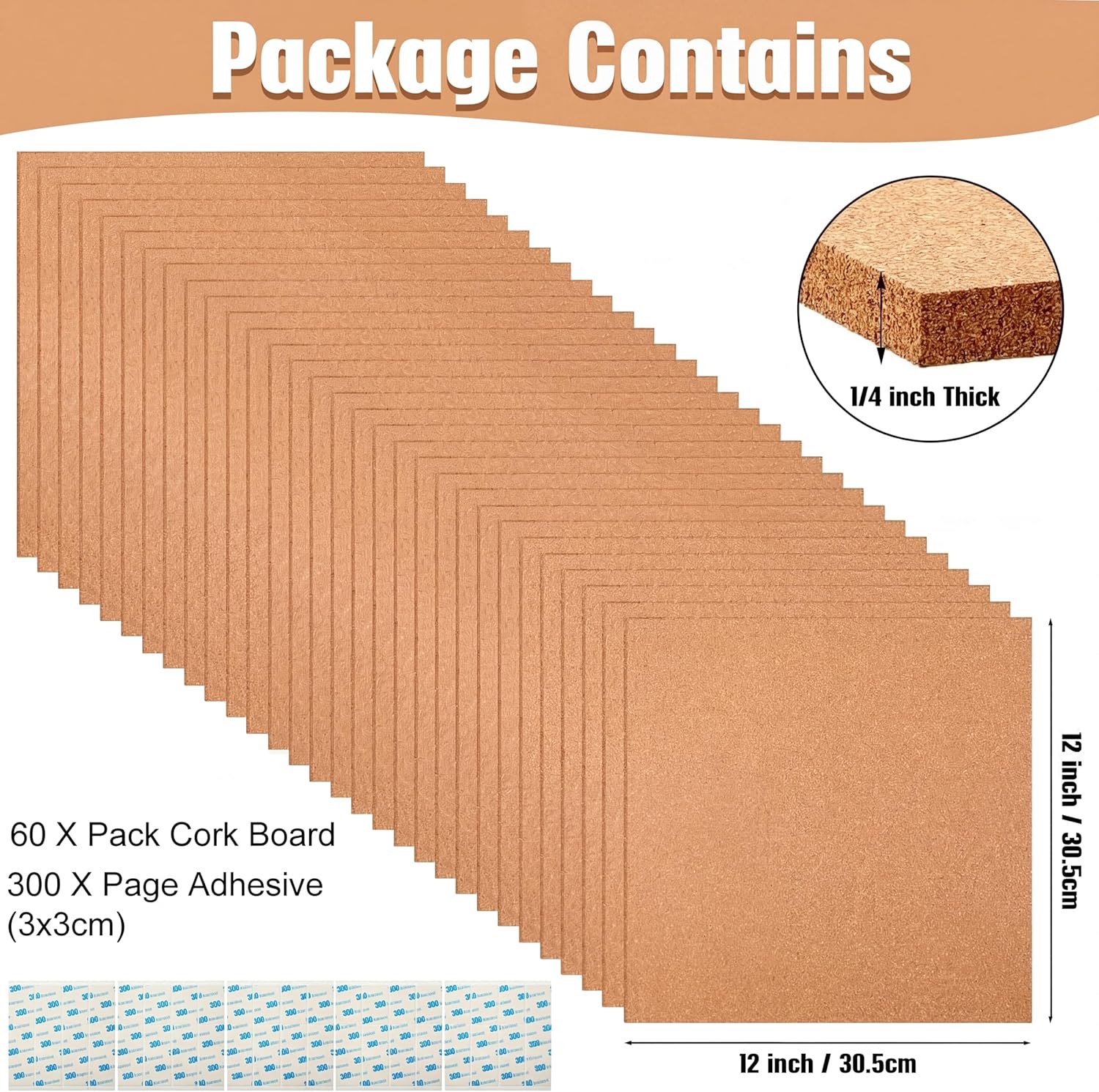Kosiz 60 Pack Cork Board Square 12" x 12", 1/4" Thick Cork Board Tiles Bulk for Wall Self Adhesive Bulletin Corkboards Tiles Sheet for Wall School Office Home Decoration