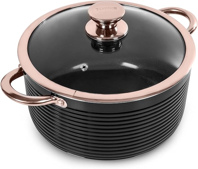 Tower T800002RB Casserole Dish with Lid, Linear Collection with Easy Clean Non-Stick Ceramic Coating, Aluminium, Black and Rose Gold, 4 Litres