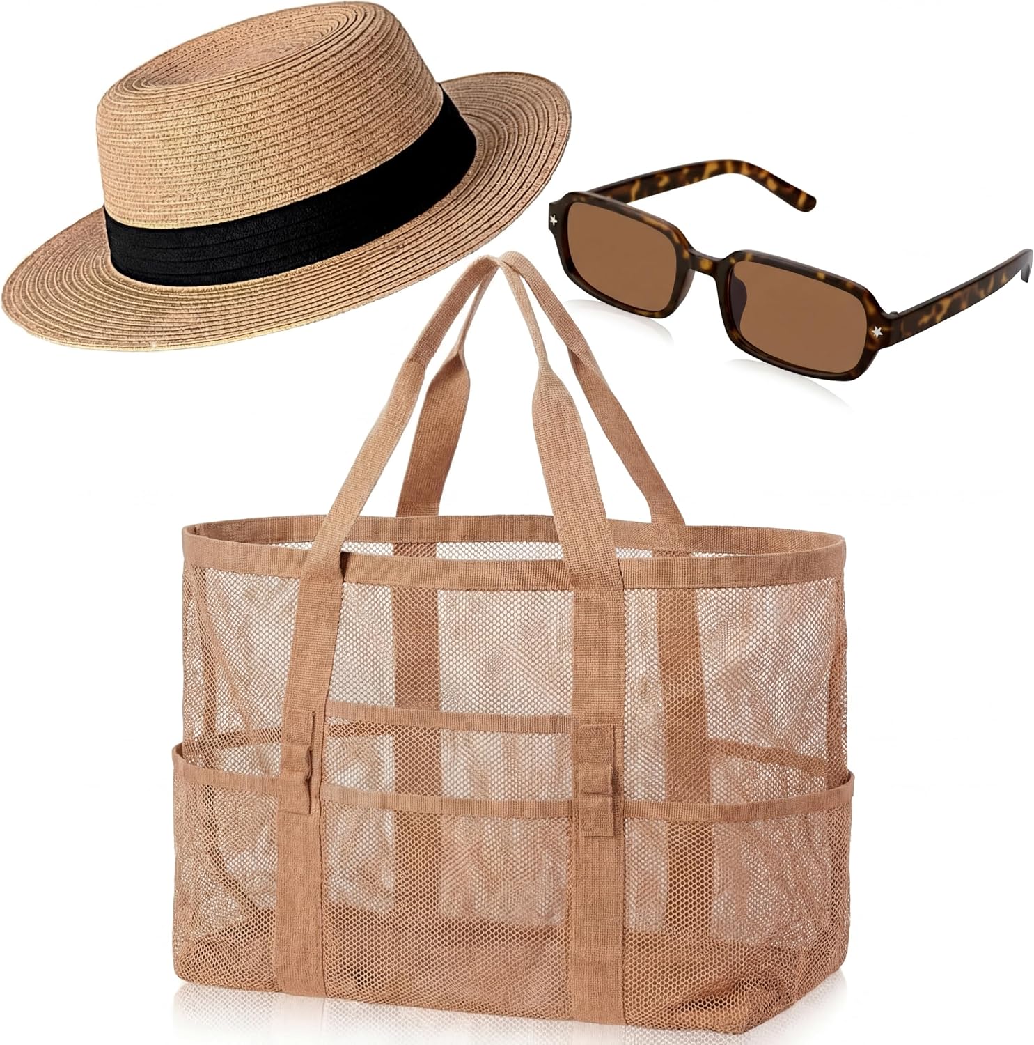 Sadnyy 3 Pcs Summer Beach Accessories Set for Women Mesh Tote Bag Wide Brim Straw Sun Hat UV Sunglasses UV Protection Outdoor(Straw Hat) Khaki, Black