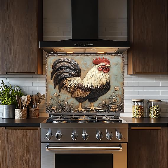 Tempered Glass Backsplash, Rooster Glass Backsplash, Kitchen Backsplash Behind Stove, Glass Backsplash for Kitchen, Rustic Stove Backsplash