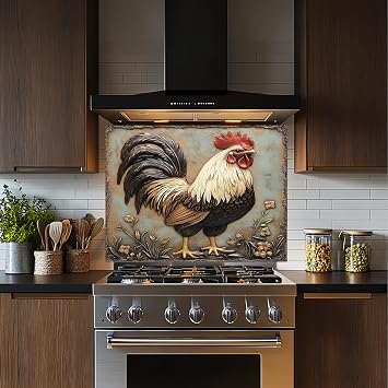Tempered Glass Backsplash, Rooster Glass Backsplash, Kitchen Backsplash Behind Stove, Glass Backsplash for Kitchen, Rustic Stove Backsplash