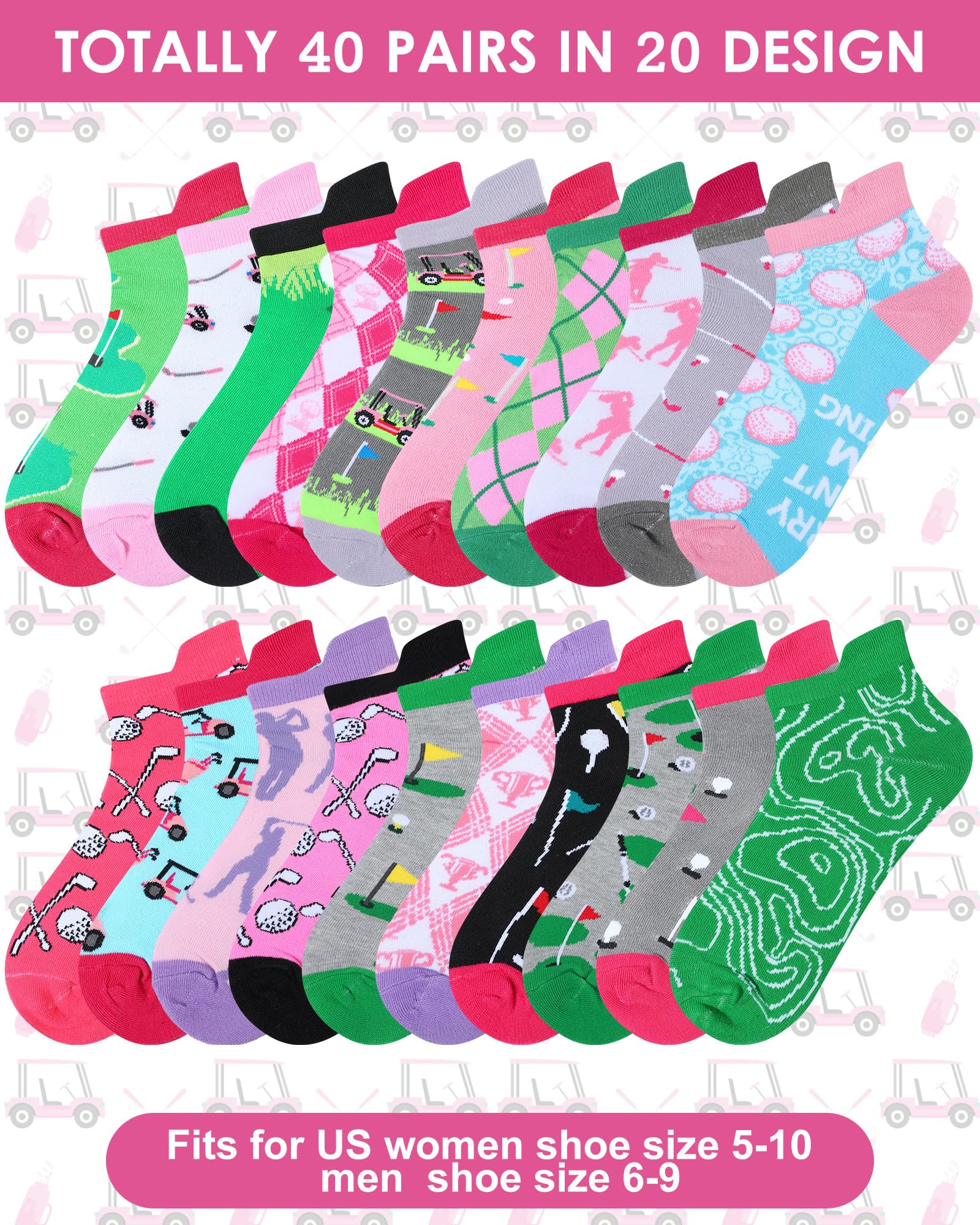 Lot de 40 paires de chaussettes de golf fantaisie pour femme - Cadeau de Noël - Coupe basse - Pour golfeuses, cadeaux d'anniversaire et de vacances, Couleurs vives., taille unique