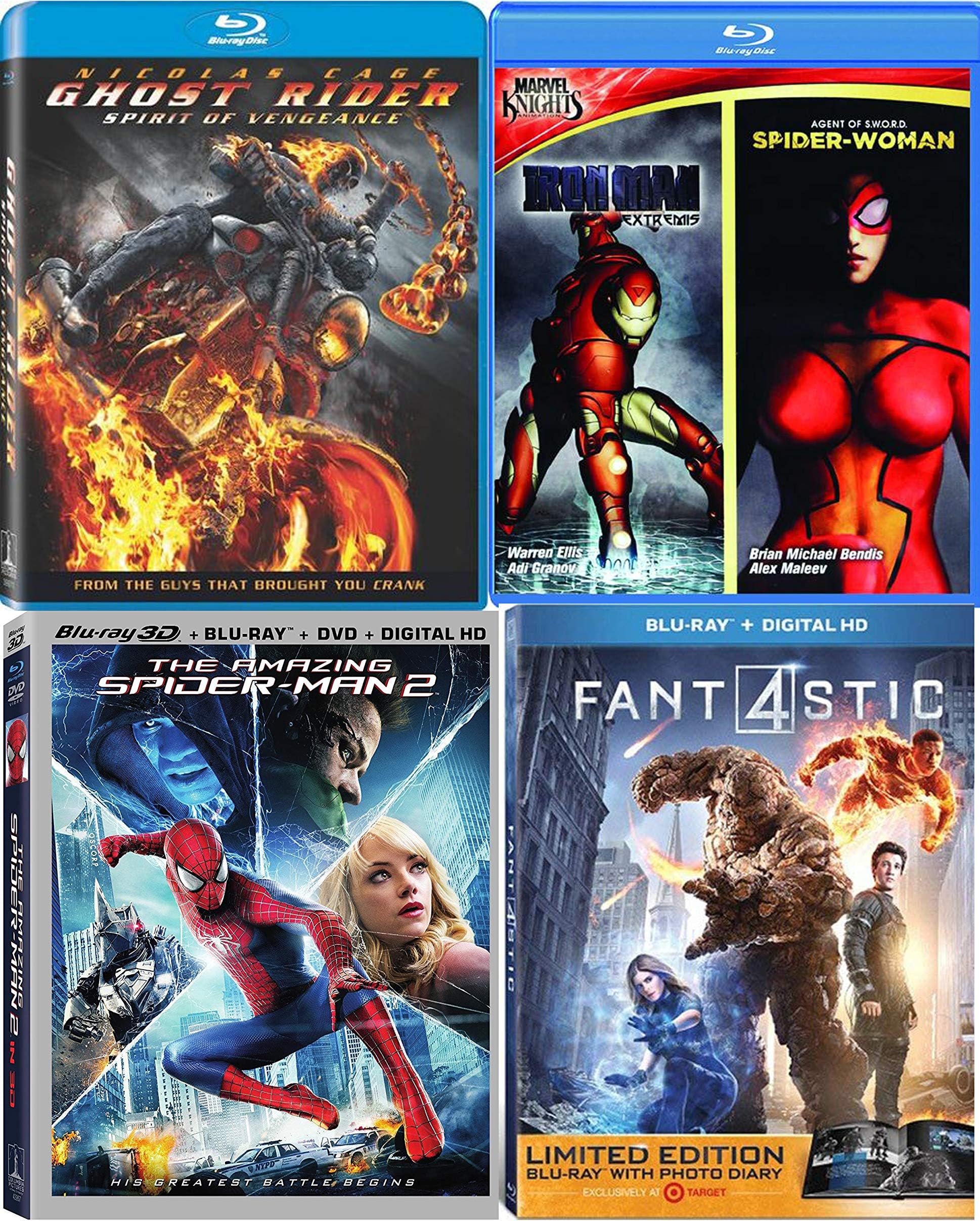 Marvel 5-Movie Bundle - Marvel Knights Iron Man Extremis & Spider-Woman Ghost RideR: Spirit of Vengeance, The Amazing Spider-Man 2 (3D/Blu-ray/DVD/Digital) & Fantastic 4 (Exclusive) Blu-ray Bundle