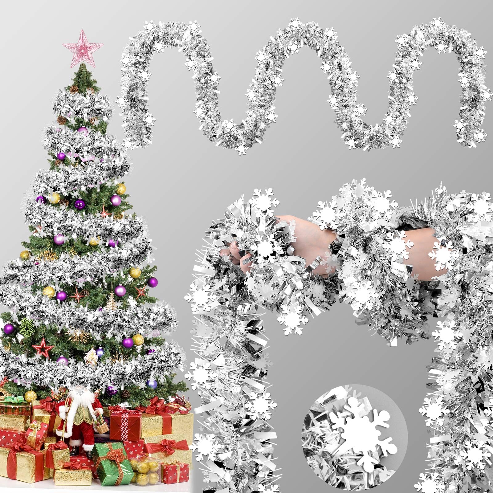 Guirlande de Noël métallique argentée avec flocons de neige pour décoration de fête en intérieur