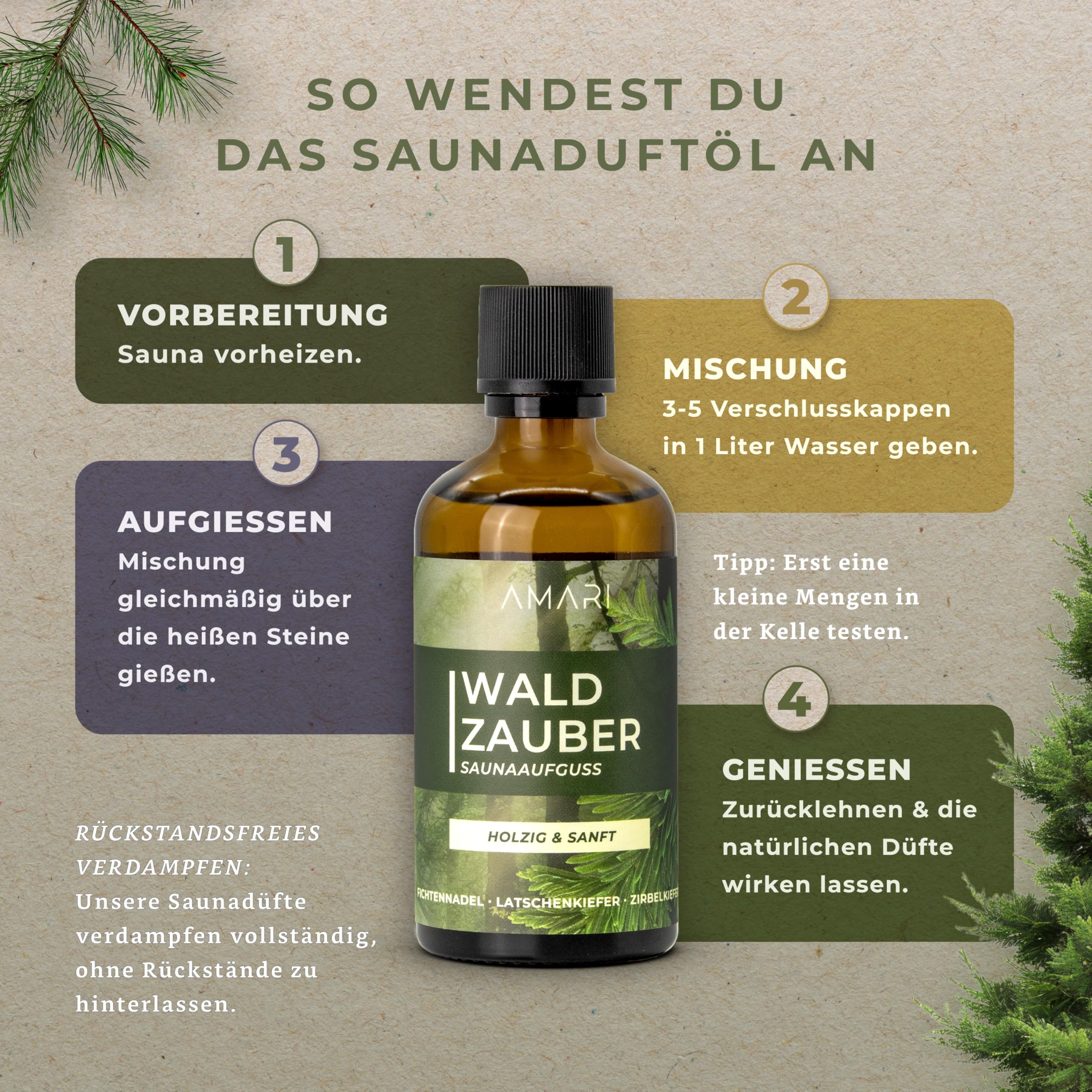 Amari ® Saunaaufguss Set Alpenglück – natürliche Saunadüfte mit Bio-Ethanol – Naturreine Ätherische Öle – Aufgussmittel, Sauna, Saunaöl, Duftöl