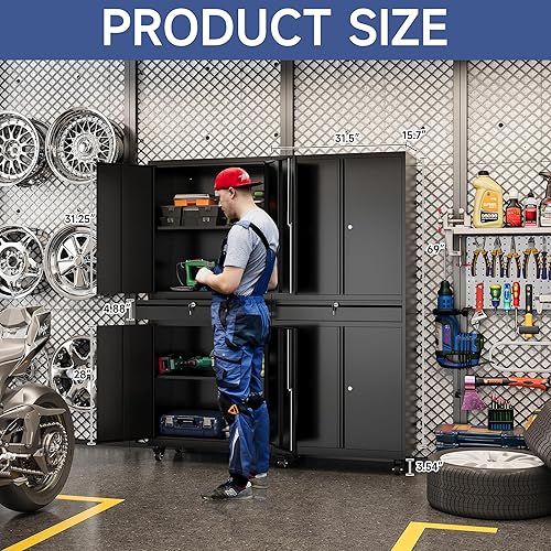 Miniatura 3 de Armario de almacenamiento de metal con ruedas, gabinete de almacenamiento con cerradura de 73 pulgadas con 2 estantes ajustables y 1 cajón para