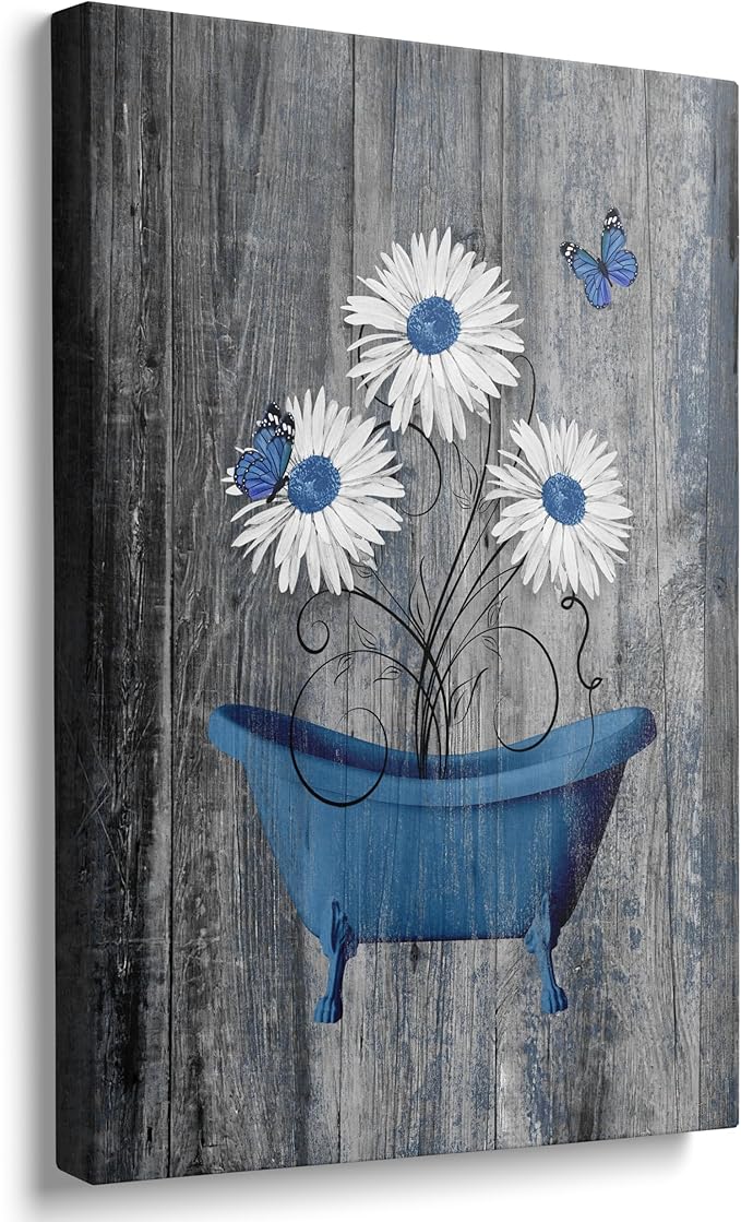 Amazon.com: Bathroom Wall Art Blue Bathtub Daisy Canvas Bathroom ...