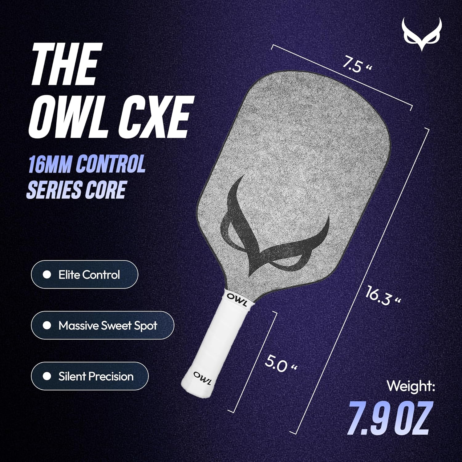 OWL Sport CXE Pickleball Paddle, USAPA Pro Tournament Approved, Control Series 16 MM Core, Extended Performance Handle, Over 50% Noise Reduction, Large sweepshot with Elite Spin & Control