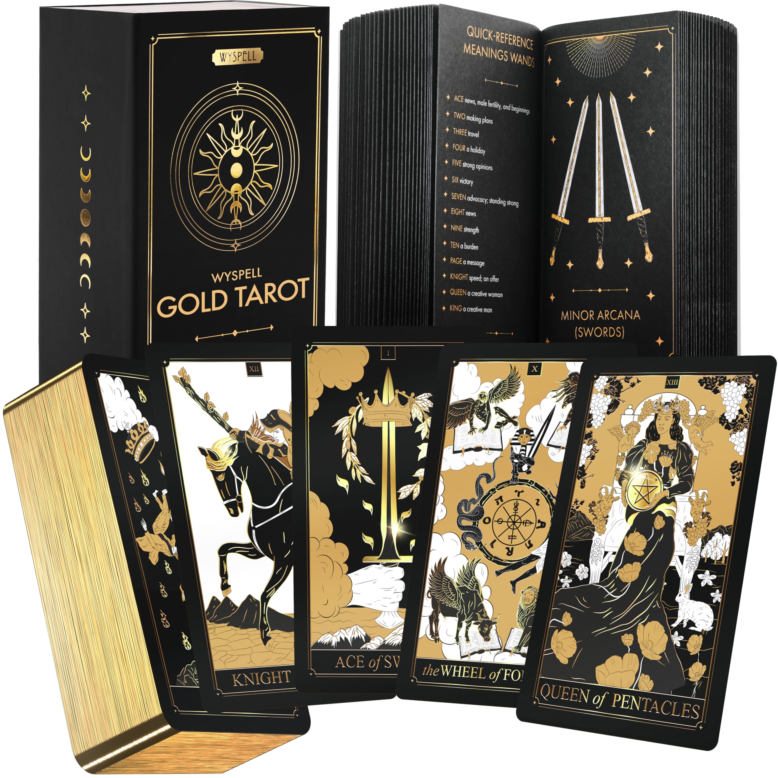Wyspell Classic Tarot Cards with Guide Book - 78 Gold Cards for Beginners - Black Tarot Decks with Guidebook - Original Cards Deck with Guidebook