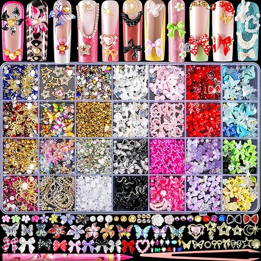8000pcs 3D Nail Charms and Nail Gems, Cute Nail Rhinestones and Charms Y2K for Nails Nesign, Variety Butterfly Bow Moon Star Flower Junk Case Charms Gold Pearls Nail Jewels for Nail Art Decorations