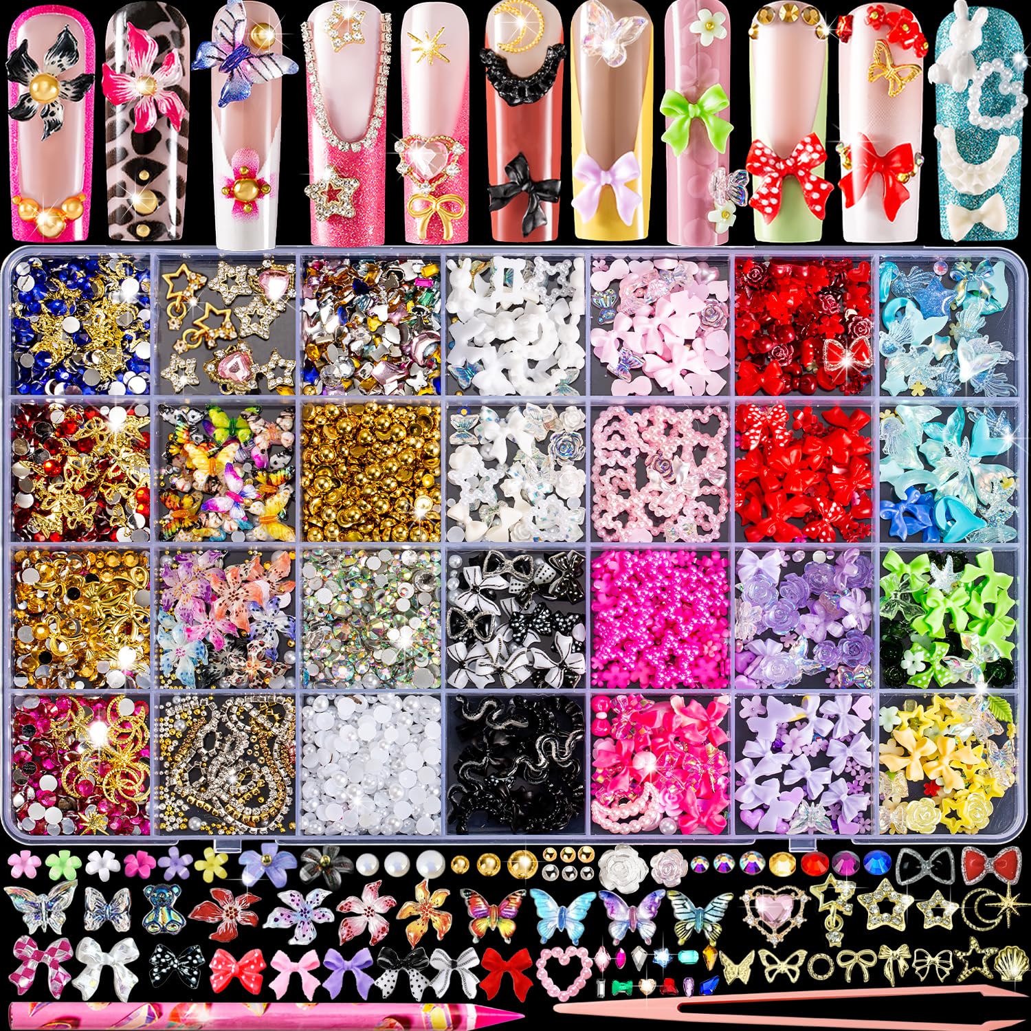 8000pcs 3D Nail Charms and Nail Gems, Cute Nail Rhinestones and Charms Y2K for Nails Nesign, Variety Butterfly Bow Moon Star Flower Junk Case Charms Gold Pearls Nail Jewels for Nail Art Decorations
