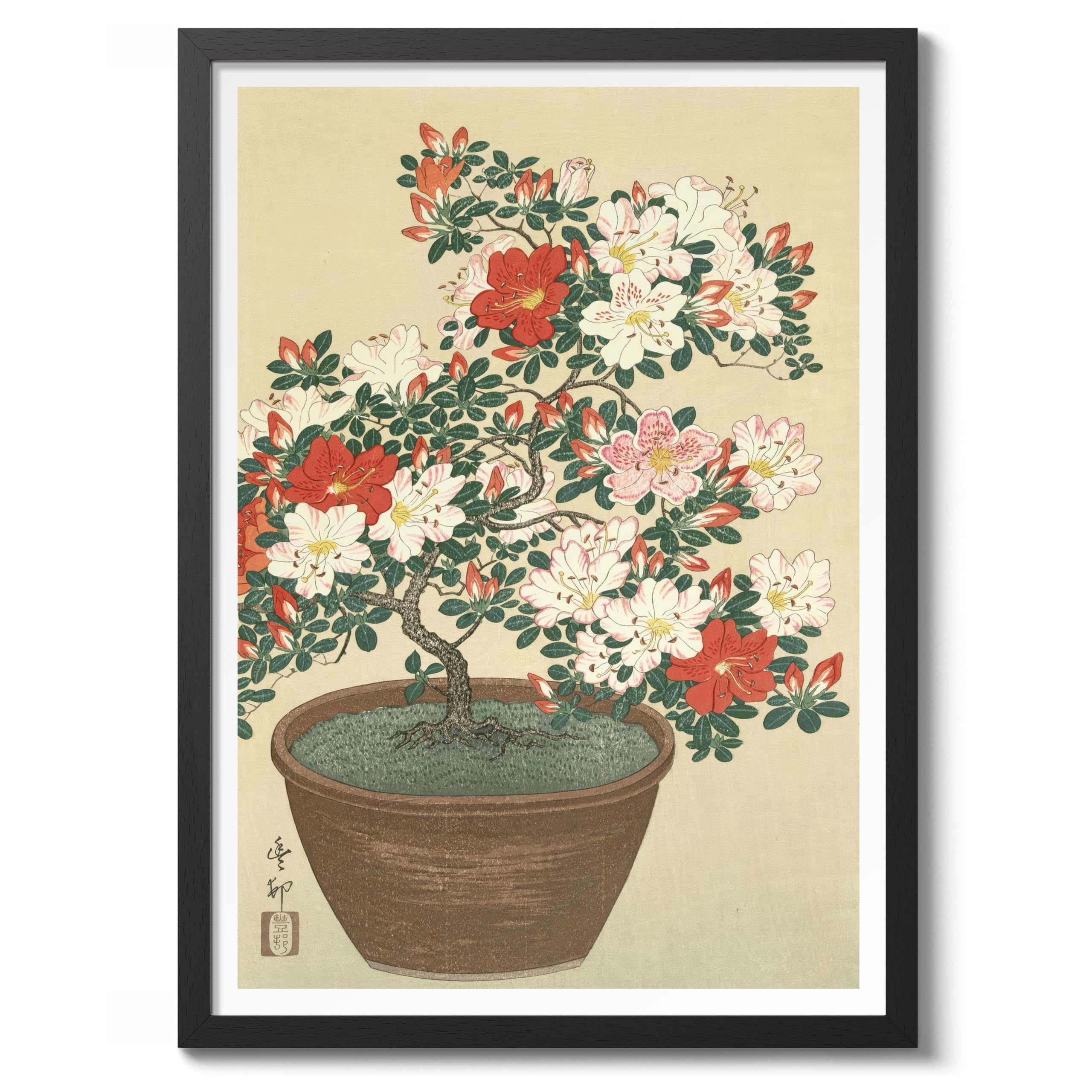 Blooming Azalea In Brown Pot Ohara Koson Poster, Japanese Woodblock Ukiyo-E Print, Vintage Nature Art Picture Animal Painting Wall Art, Artwork Home Decor, A5 (Black Frame) - 24.1x17.9cm โ image 1