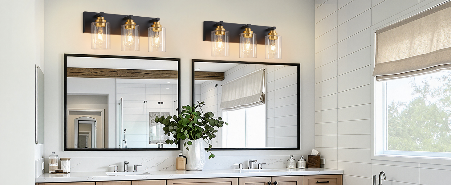 Image of Vanity Lights for Bathroom, 3-Light Black and Gold Bathroom Vanity Light Over Mirror with Clear Glass Shades, Modern Bathroom Light Fixtures for Living Room Hallway Cabinet (Bulbs Not Included)