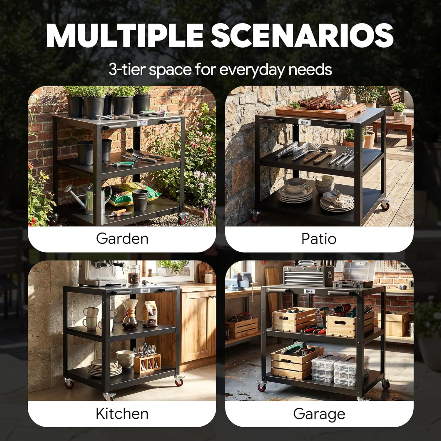 36''x 24'' Large Movable Pizza Oven Table for Outdoor, 304 Stainless Steel Grill Cart with Wheels, 3-Shelf Outdoor Kitchen Prep Table Pizza Oven Stand on Wheels for Pizza Oven& Griddle