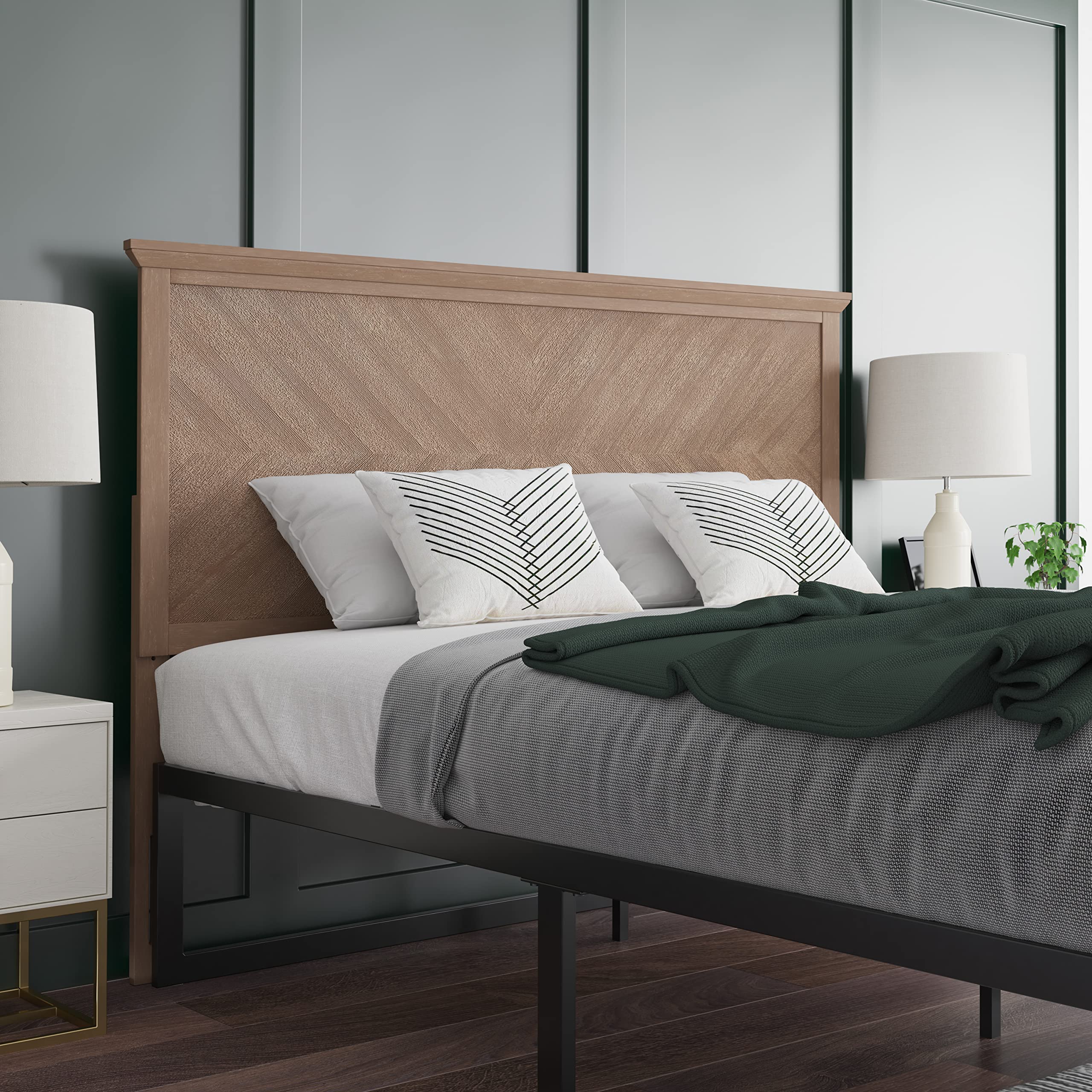 EMMA + OLIVER Light Brown Queen Herringbone Wooden Headboard | Headboard Only, For Universal Metal Bed Frames
