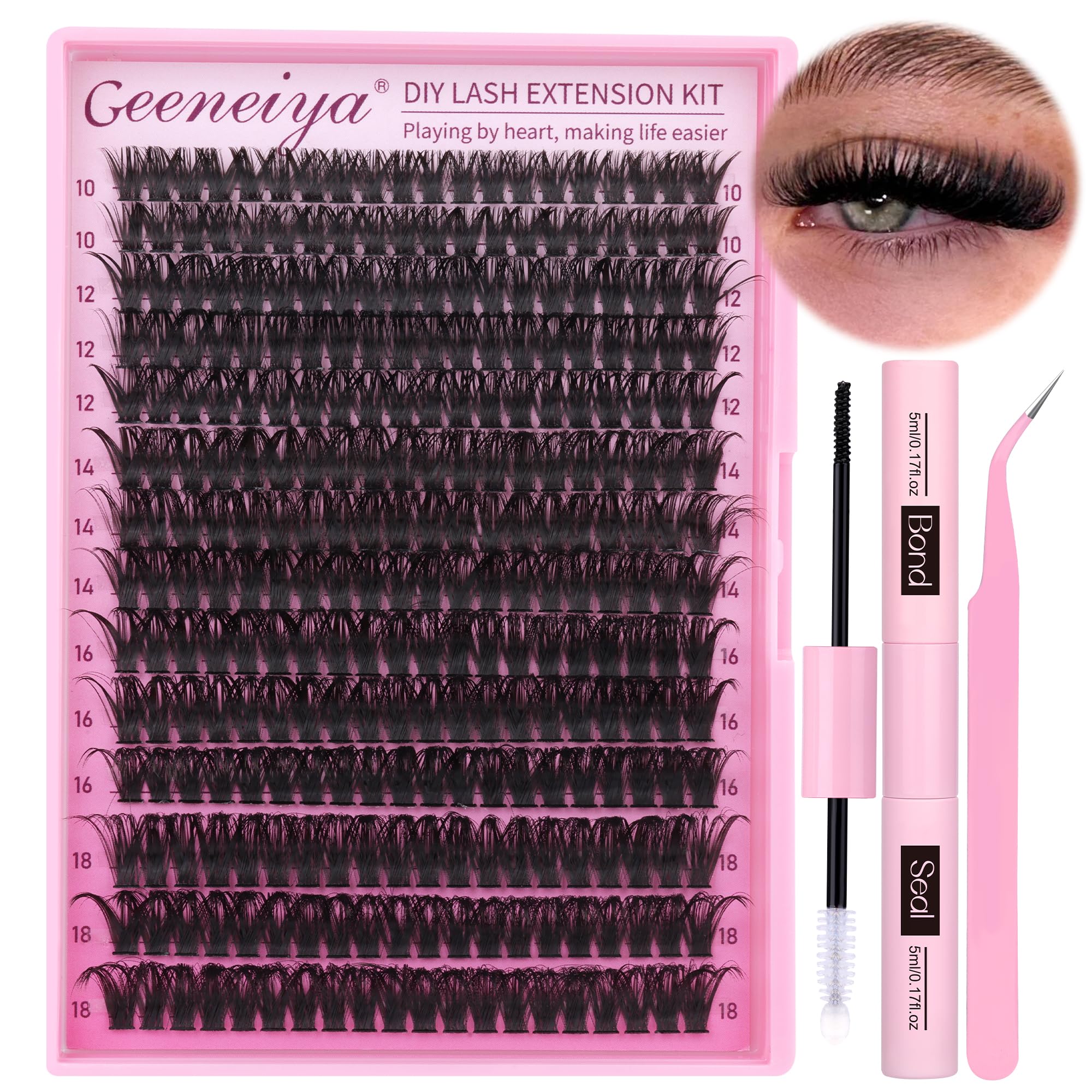 Geeneiya Full Lash Extension Kit 10-18MM Volume Eyelash Extension Kit D Curl Cluster Lashes Individual Eyelashes Kit with Waterproof Lash Bond and Seal, Lash Tweezers (10-18MM, 280Pcs, 70P)-image-14