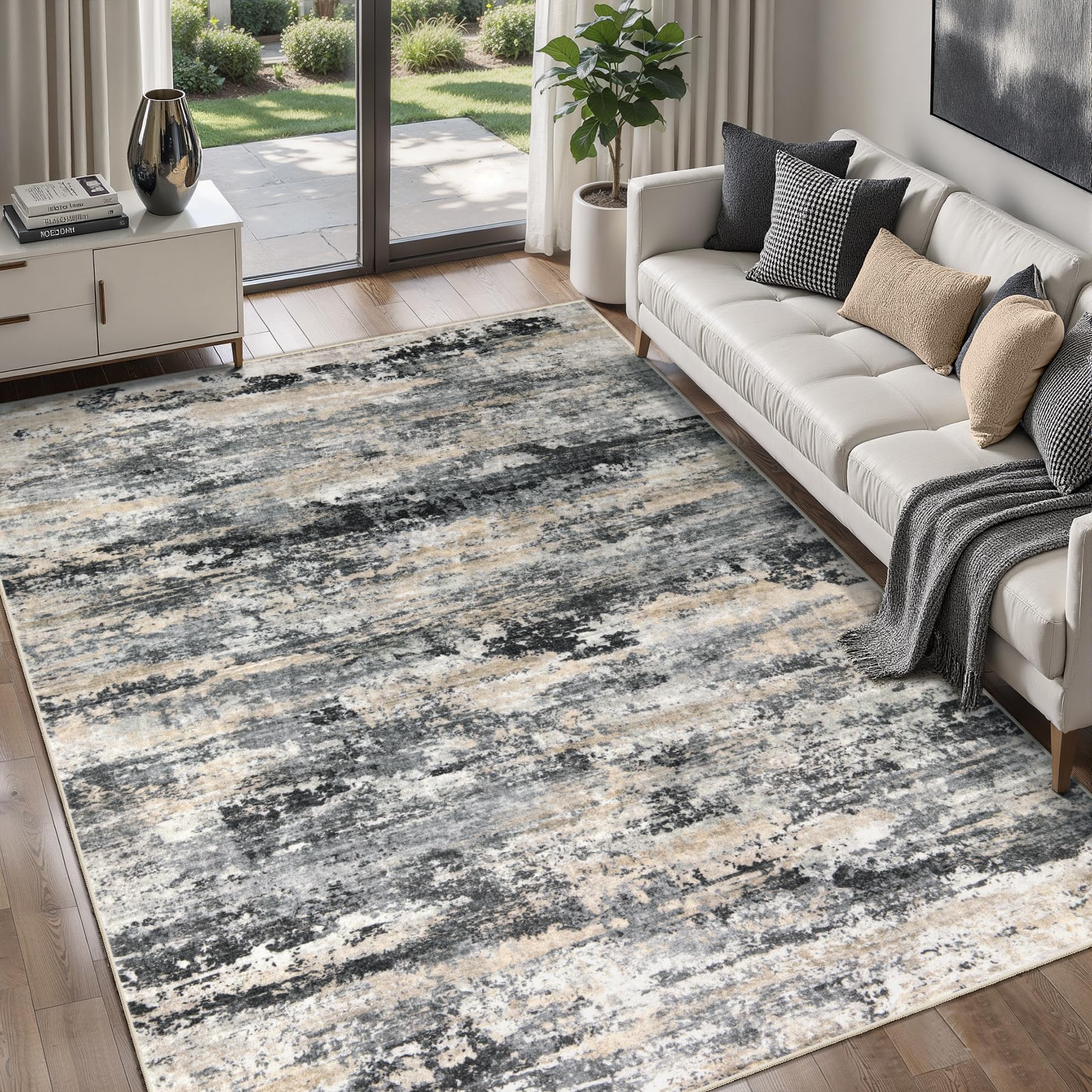 Tangsoo Waschbarer Teppich, modern, rutschfest, für Wohnzimmer, abstrakter zeitgenössischer Teppich, weicher niedriger Flor, faltbar, für Esszimmer, Schlafzimmer, Nachttisch, Badezimmer, Büro, Grau