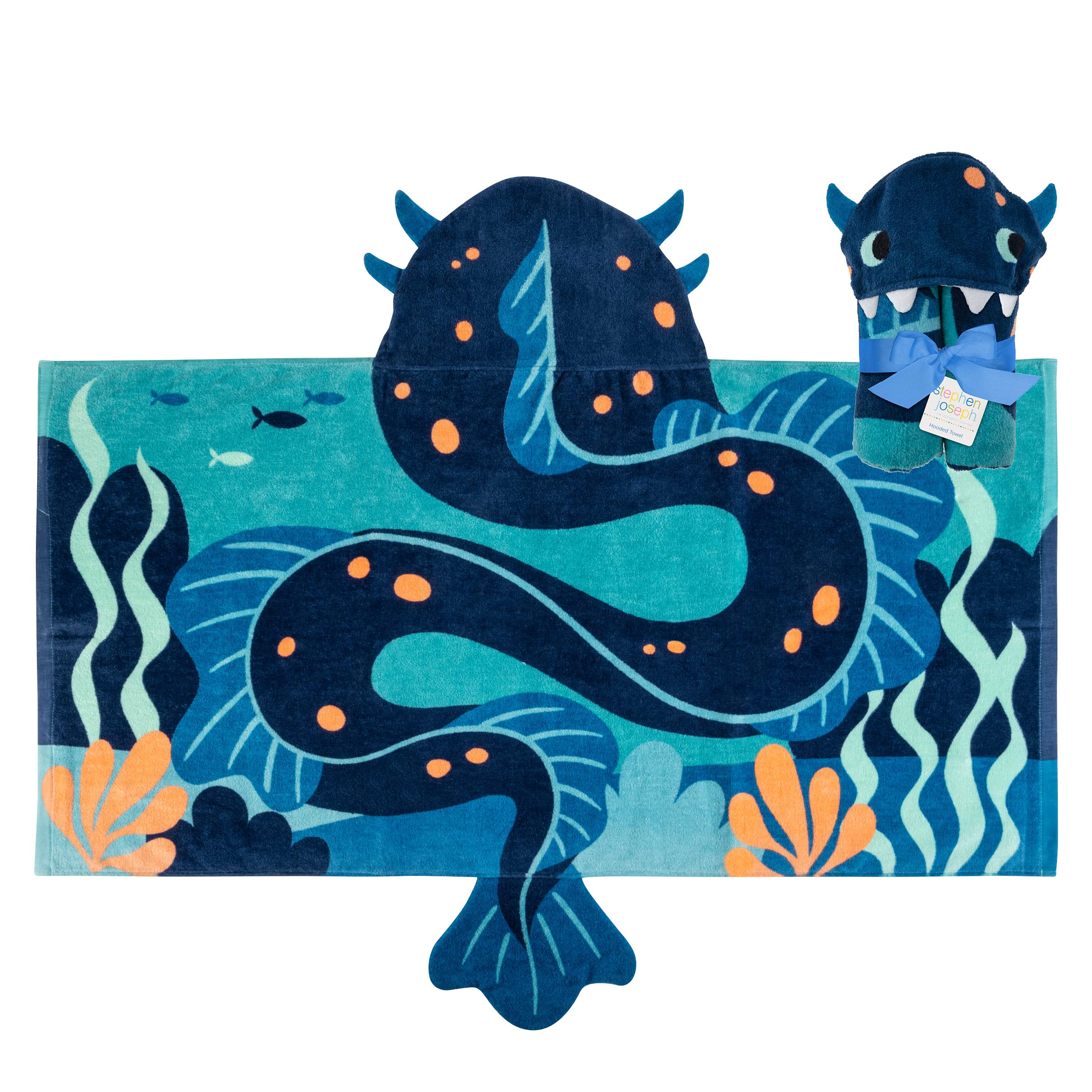 Stephen Joseph, Kids Hooded Beach Towel for Girls &amp; Boys (3-8 Years), Toddler Poncho Bath Towel with Hood, Soft Absorbent Cotton, Large 46”x 23.5”, Sea Monster