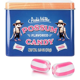 Archie McPhee Possum Flavored Hard Candy - 2.5 oz Tin, Individually Wrapped Pink and White Striped Candies, Tastes Like Possum, Novelty Gag Gift