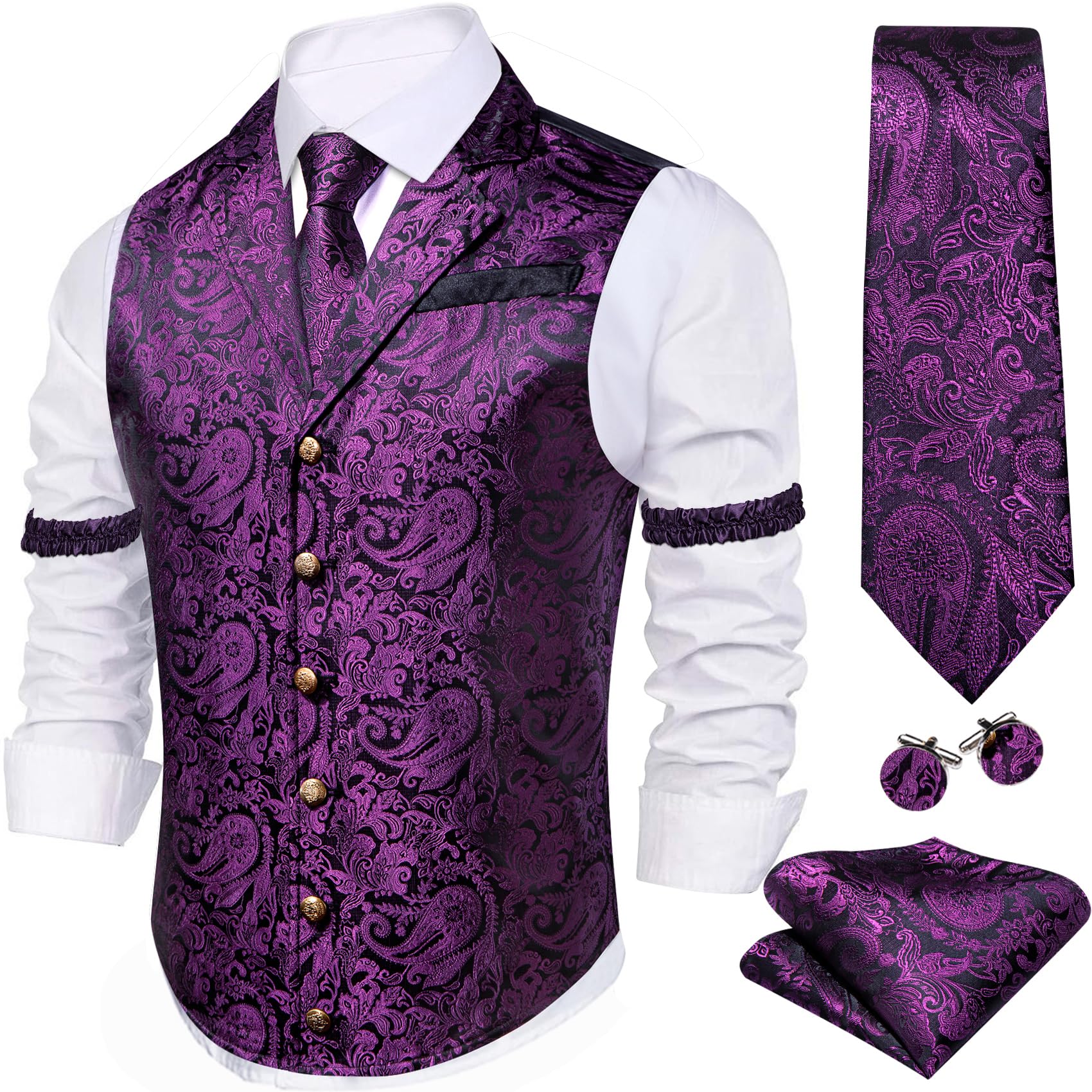 Barry.Wang Mens Silk Paisley/Floral Suit Vest Tie Sleeve Holder Set 5PCS